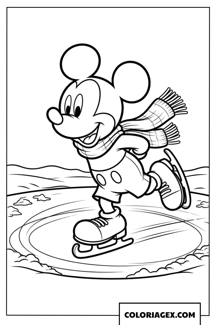 Coloriage de Mickey Mouse faisant du patinage artistique en hiver
