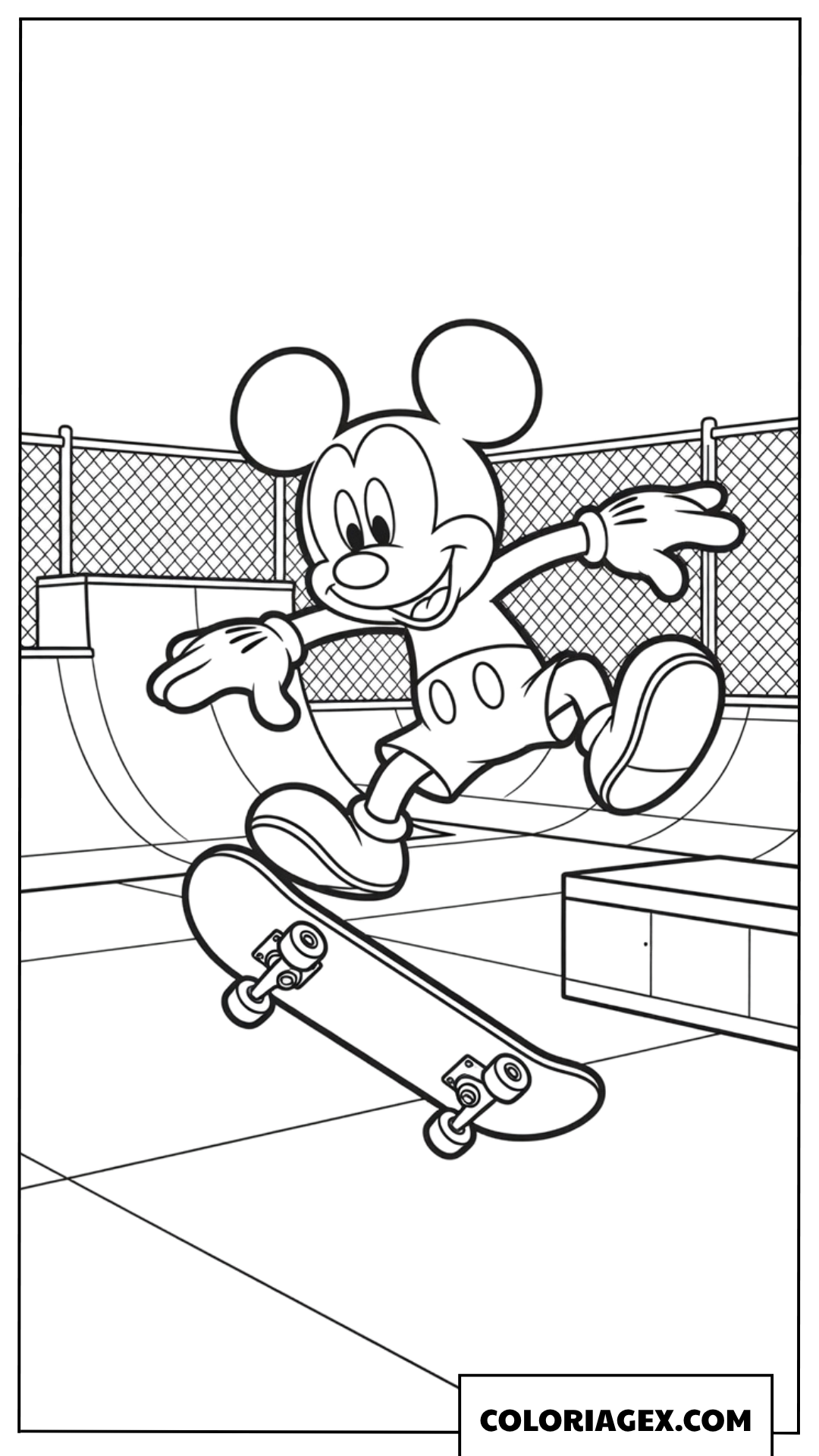 Coloriage de Mickey Mouse faisant une figure impressionnante en skateboard