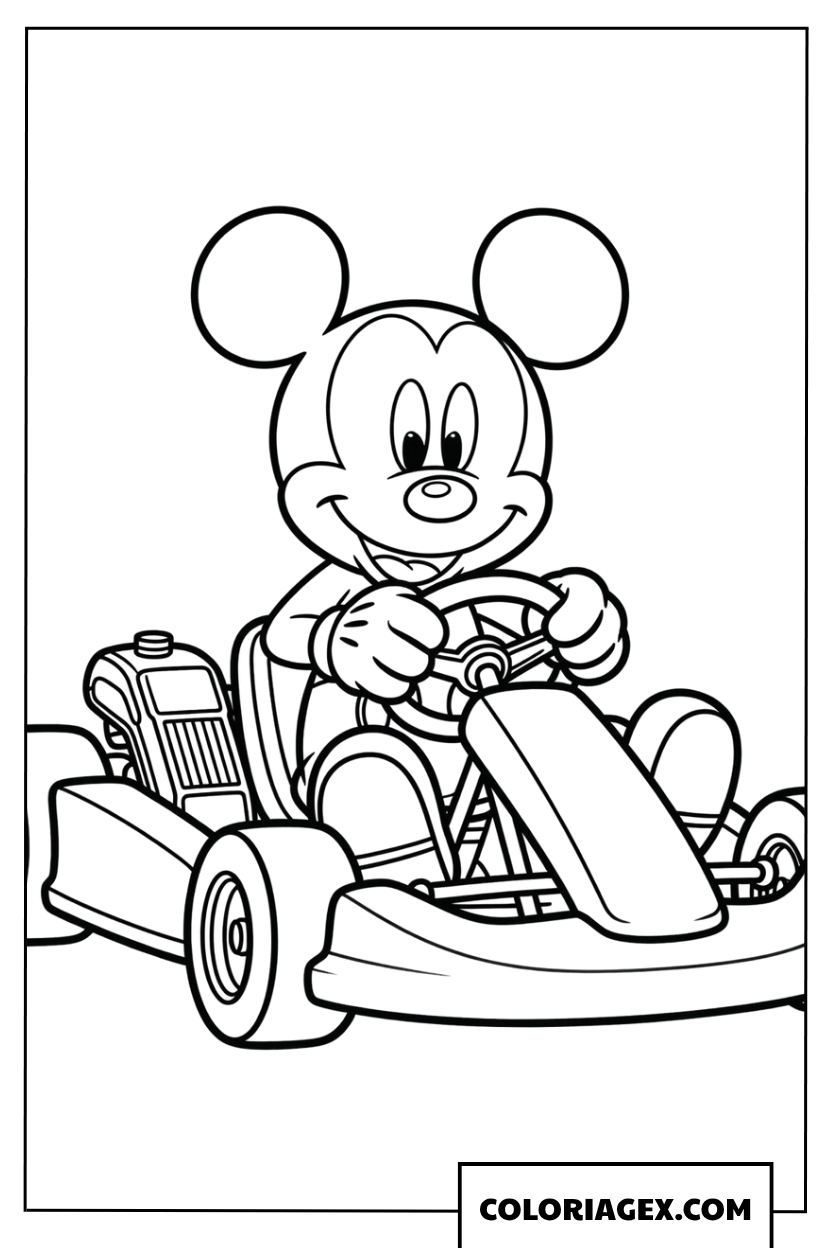 Coloriage de Mickey au volant d'un kart