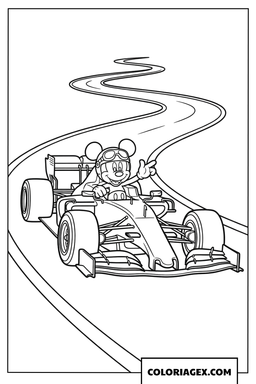 Coloriage de Mickey en voiture de course