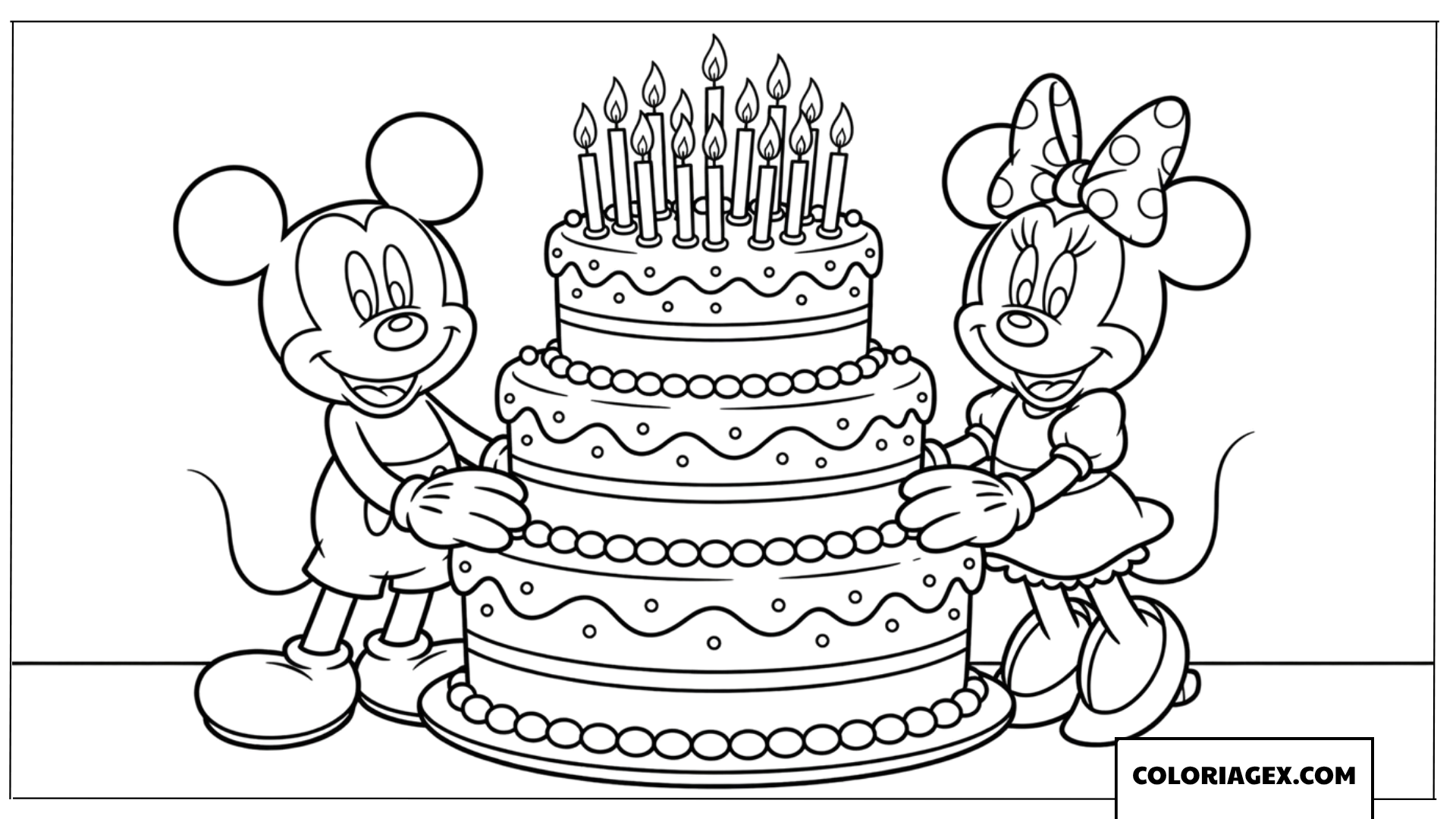 Coloriage de Mickey et Minnie avec un grand gâteau d'anniversaire