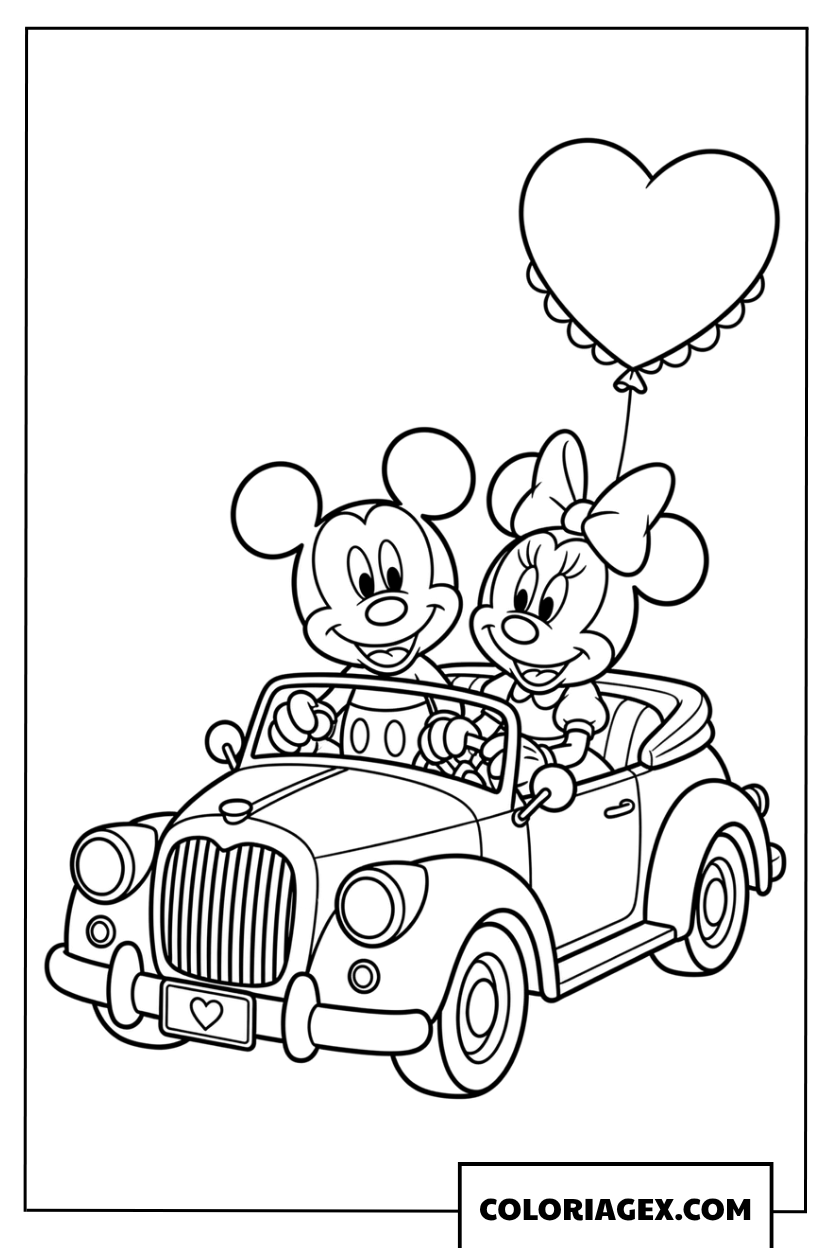 Coloriage de Mickey et Minnie conduisant joyeusement une voiture décapotable classique
