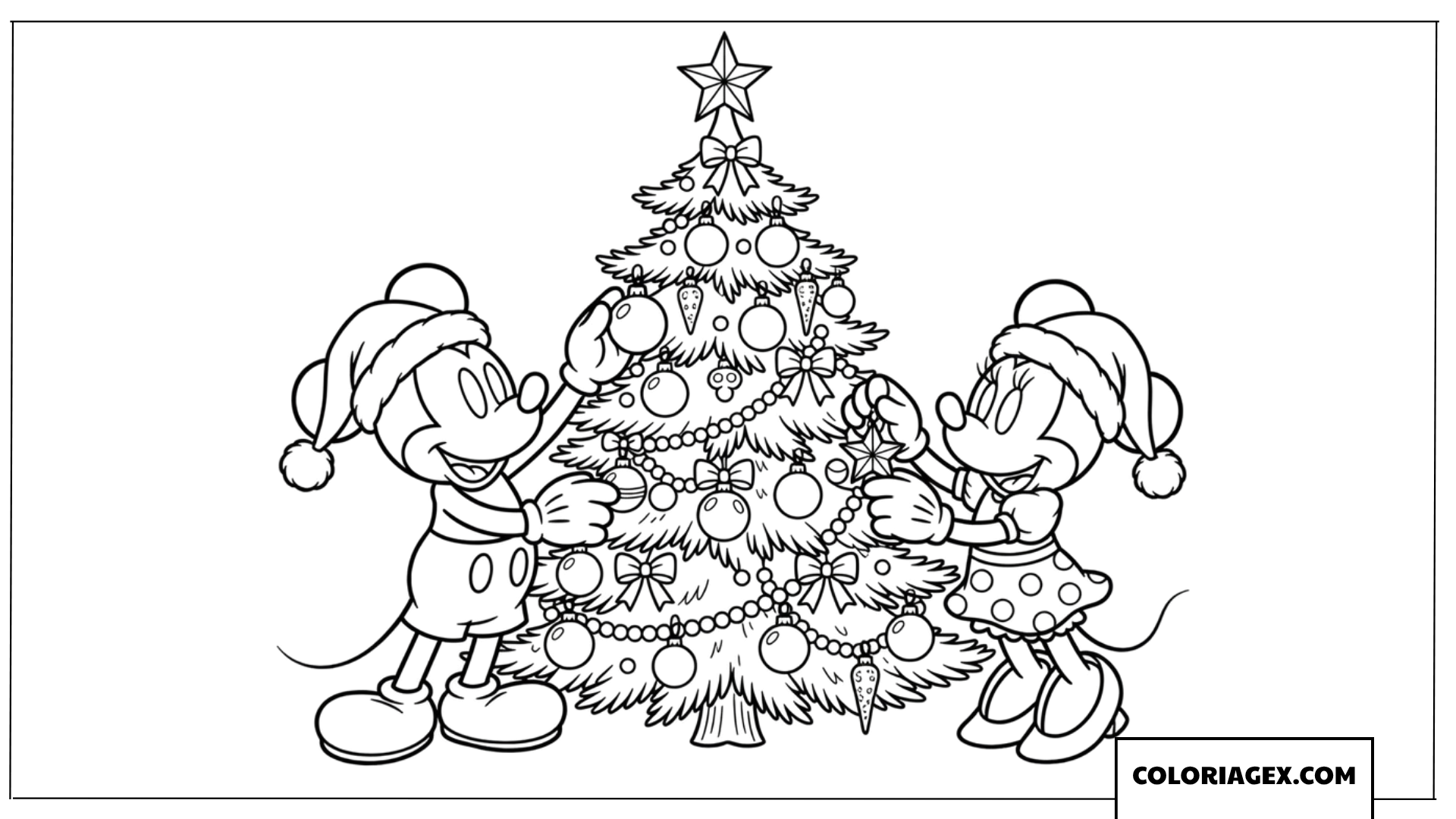 Coloriage de Mickey et Minnie décorant ensemble le sapin de Noël