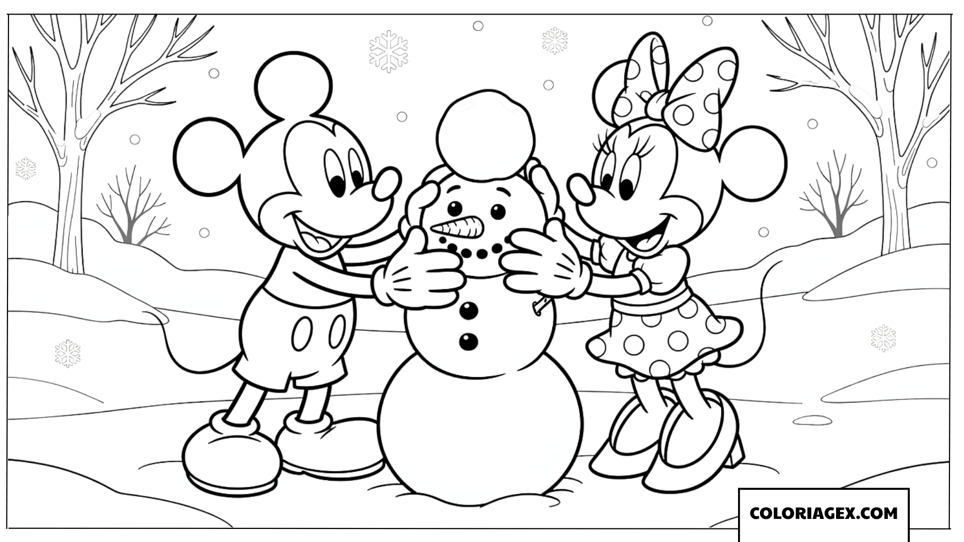Coloriage de Mickey et Minnie fabriquant un bonhomme de neige en hiver