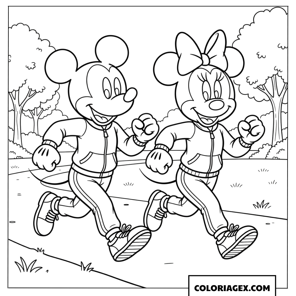 Coloriage de Mickey et Minnie faisant du jogging
