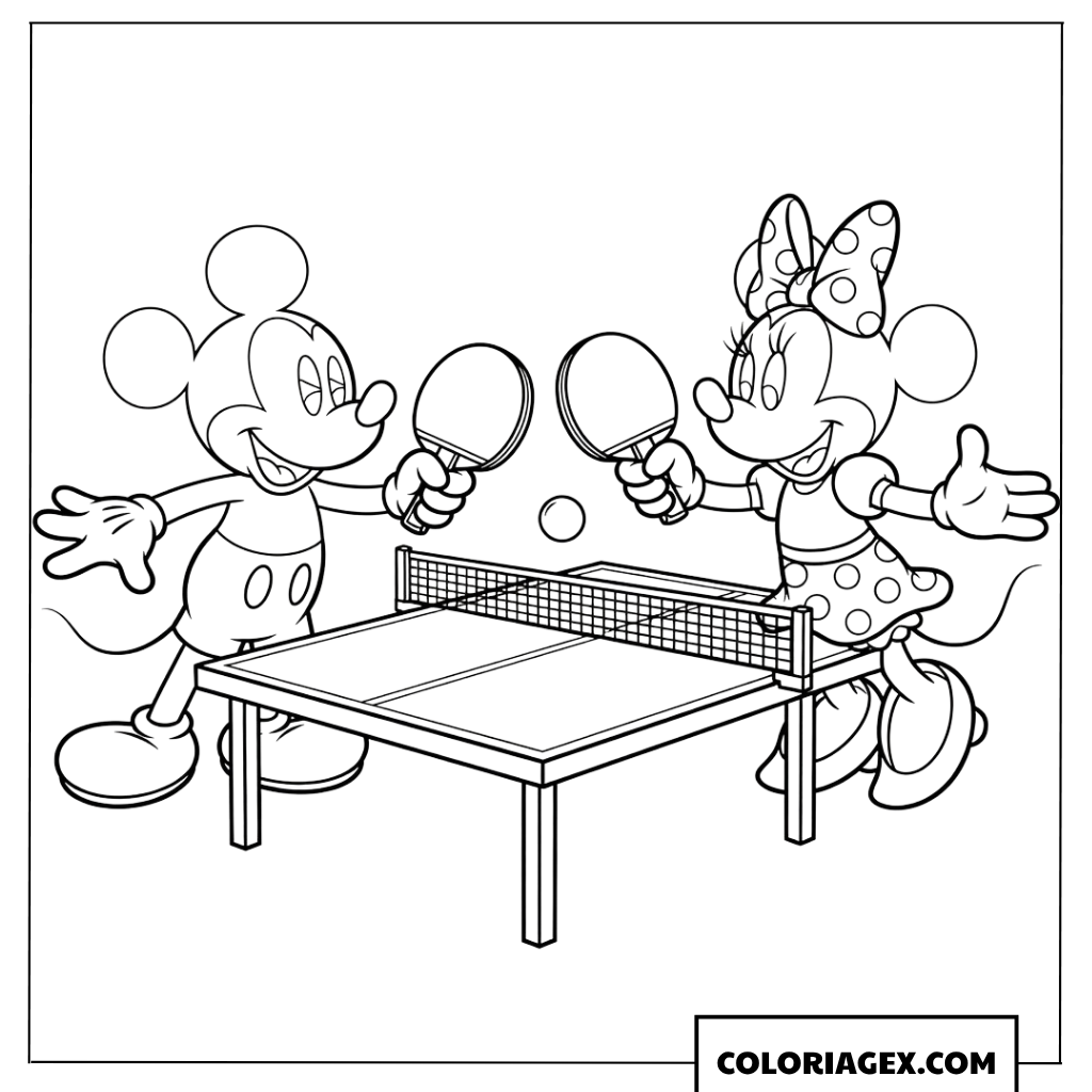 Coloriage de Mickey et Minnie jouant au pingpong