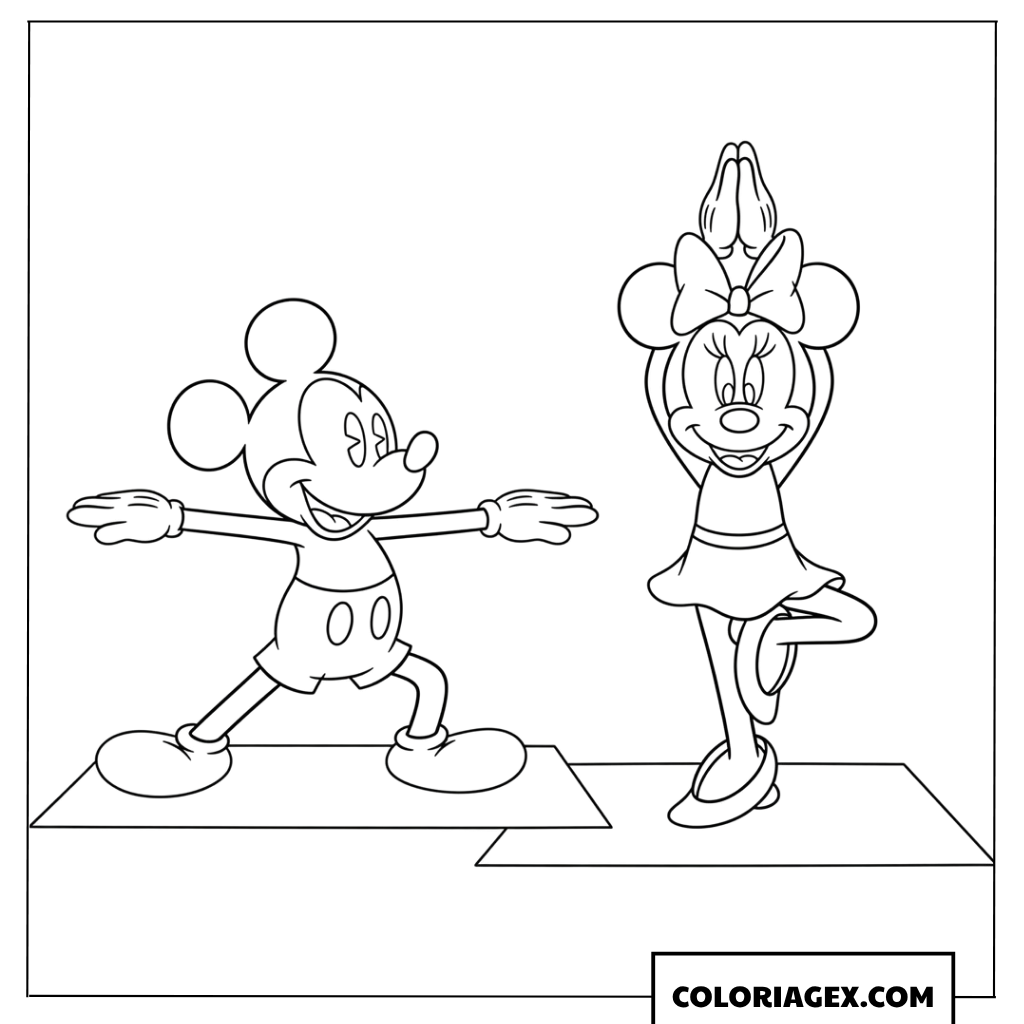 Coloriage de Mickey et Minnie pratiquant le yoga