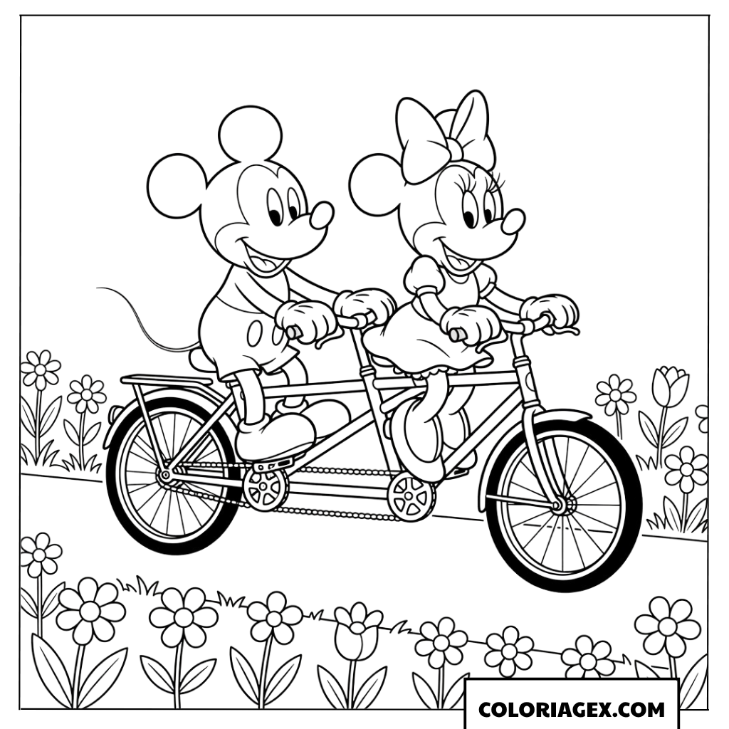 Coloriage de Mickey et Minnie sur un vélo
