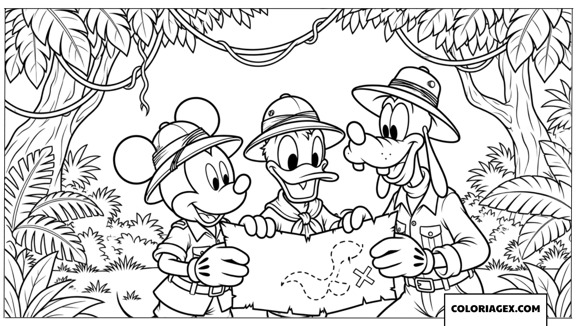 Coloriage de Mickey et ses amis explorant la jungle