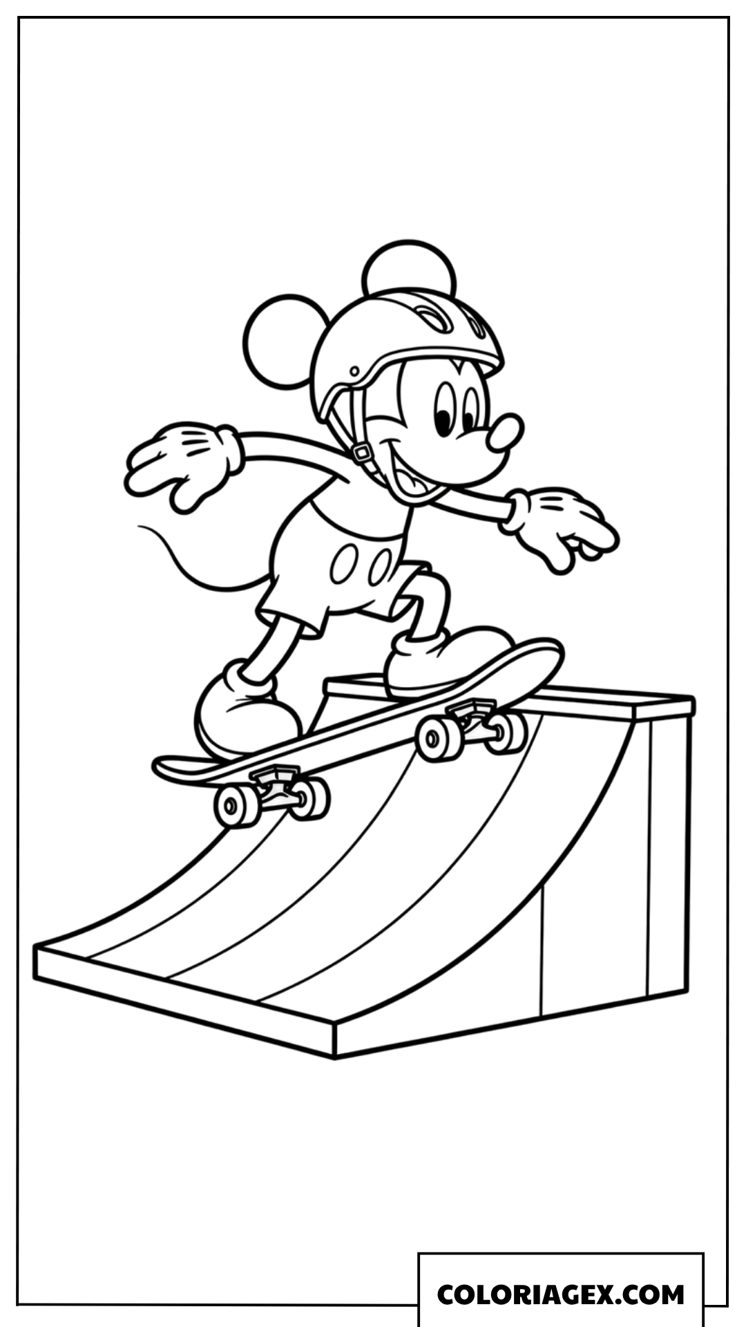 Coloriage de Mickey faisant du skateboard sur une rampe