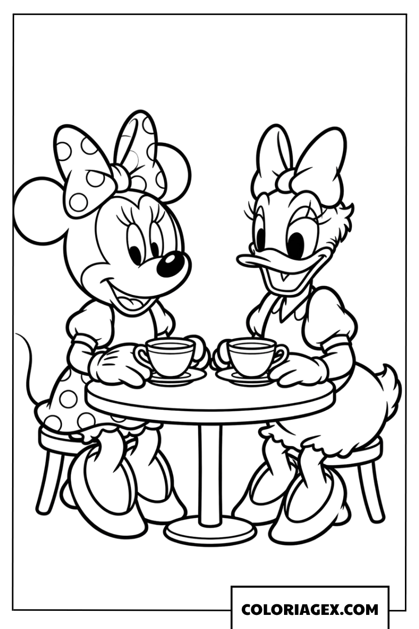 Coloriage de Minnie et Daisy partageant un the ensemble