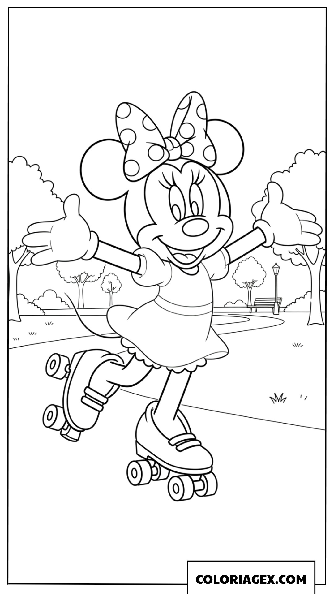 Coloriage de Minnie joyeuse faisant du patin à roulettes dans le parc