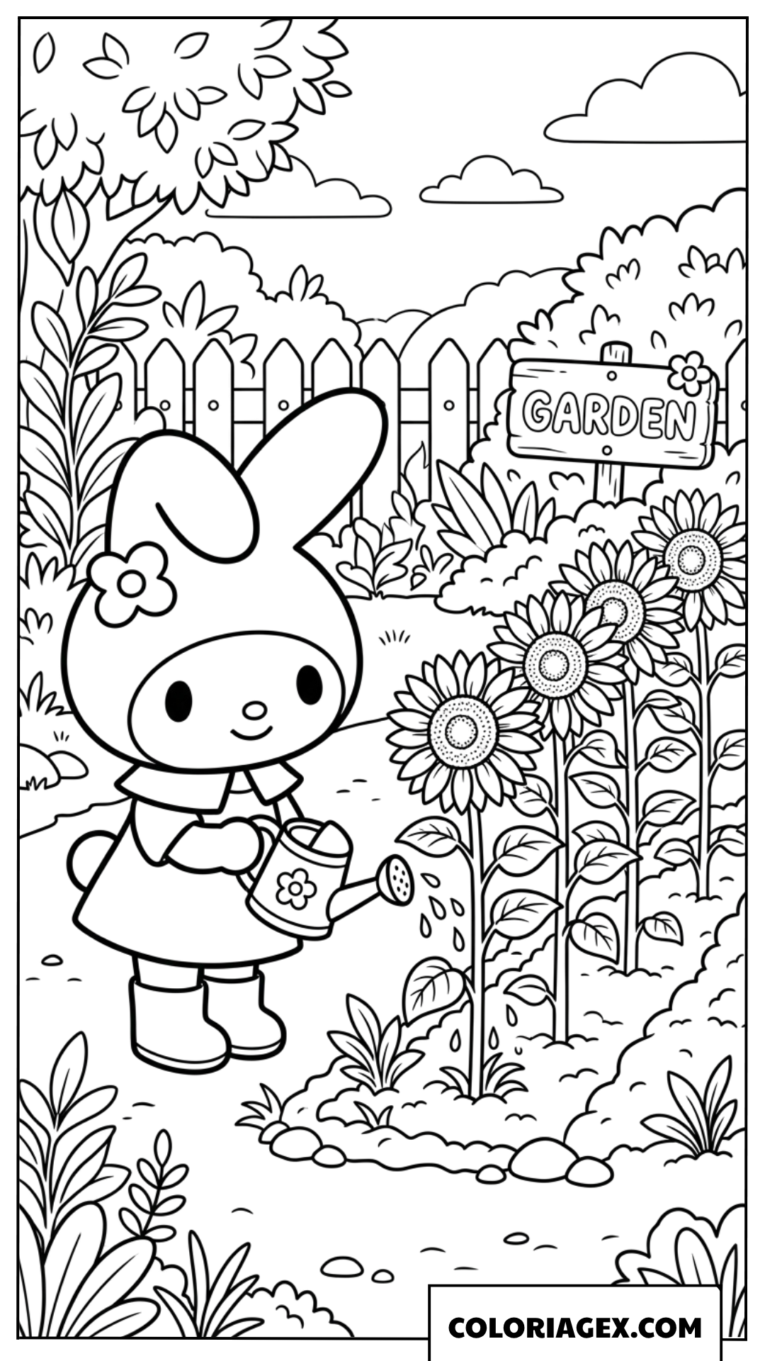 Coloriage de My Melody arrosant de joyeux tournesols dans le jardin