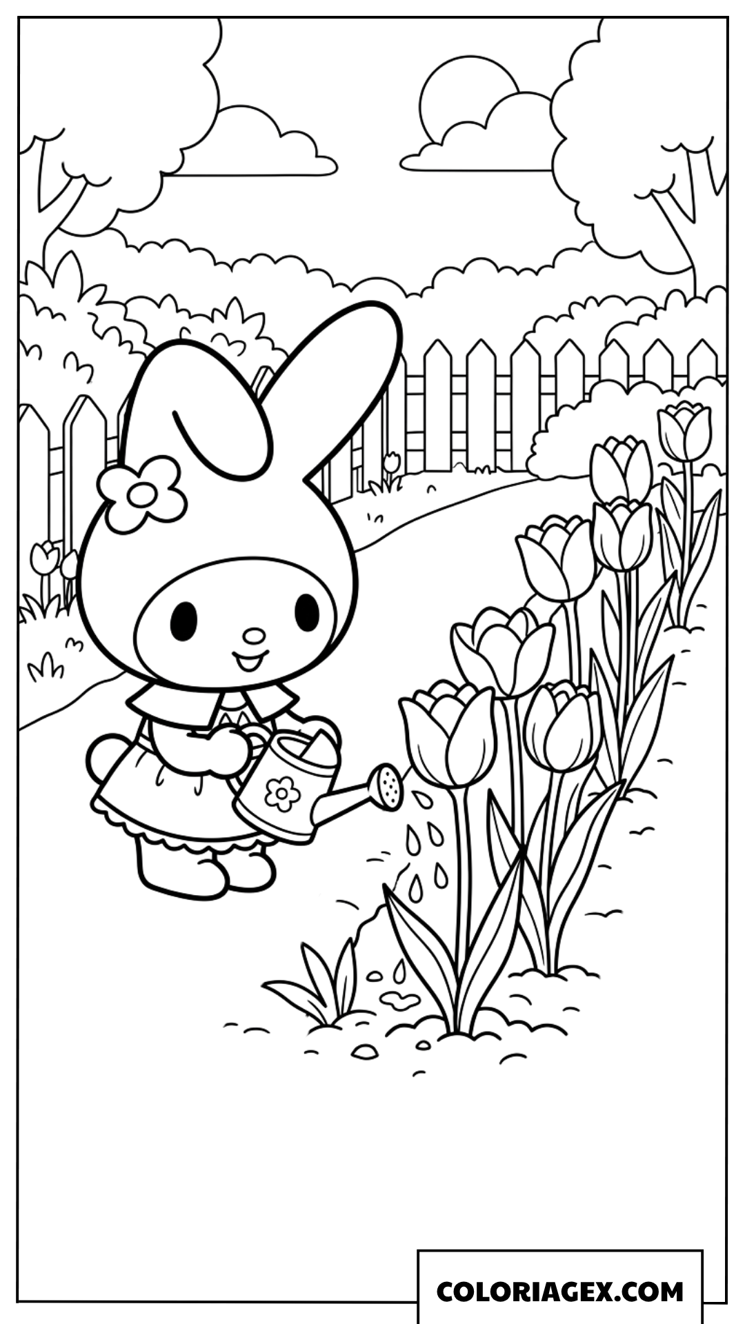 Coloriage de My Melody arrosant son jardin de tulipes