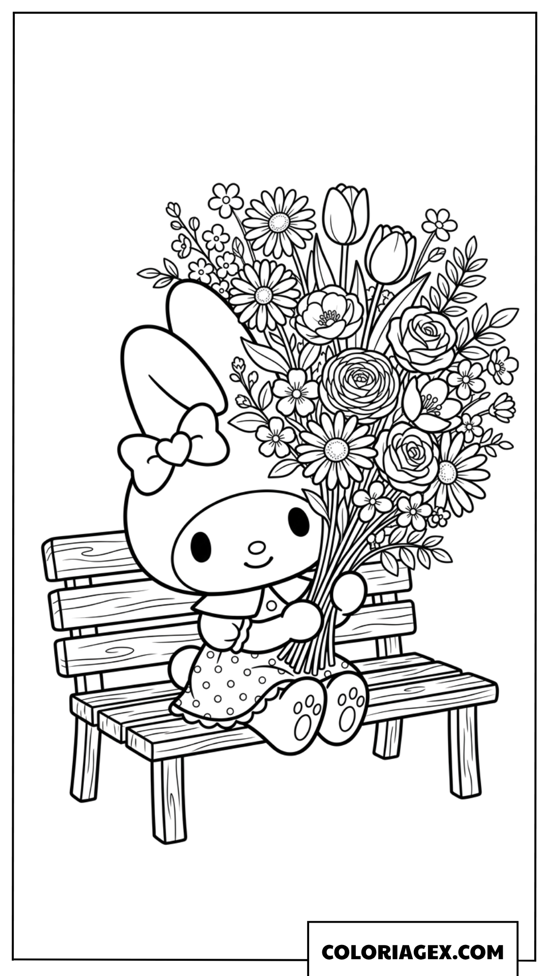 Coloriage de My Melody assise sur un banc avec un immense bouquet de fleurs