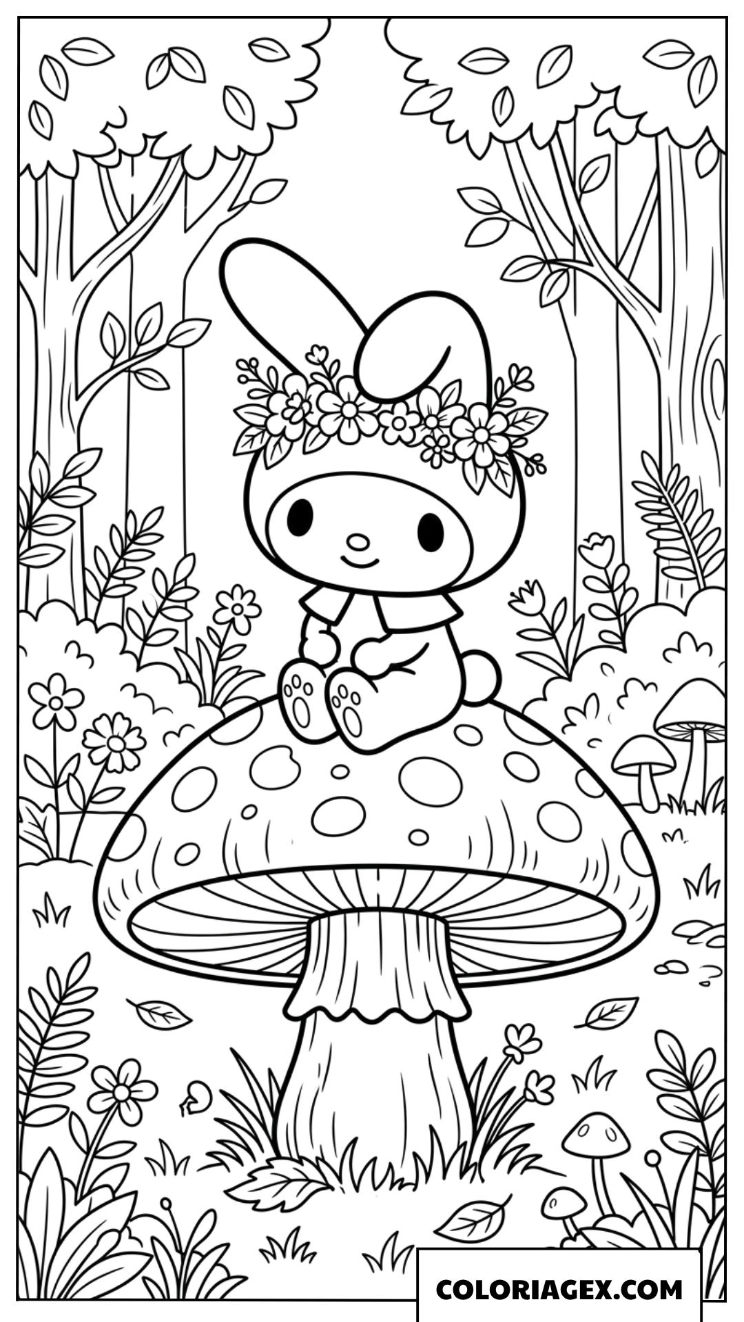 Coloriage de My Melody assise sur un champignon géant