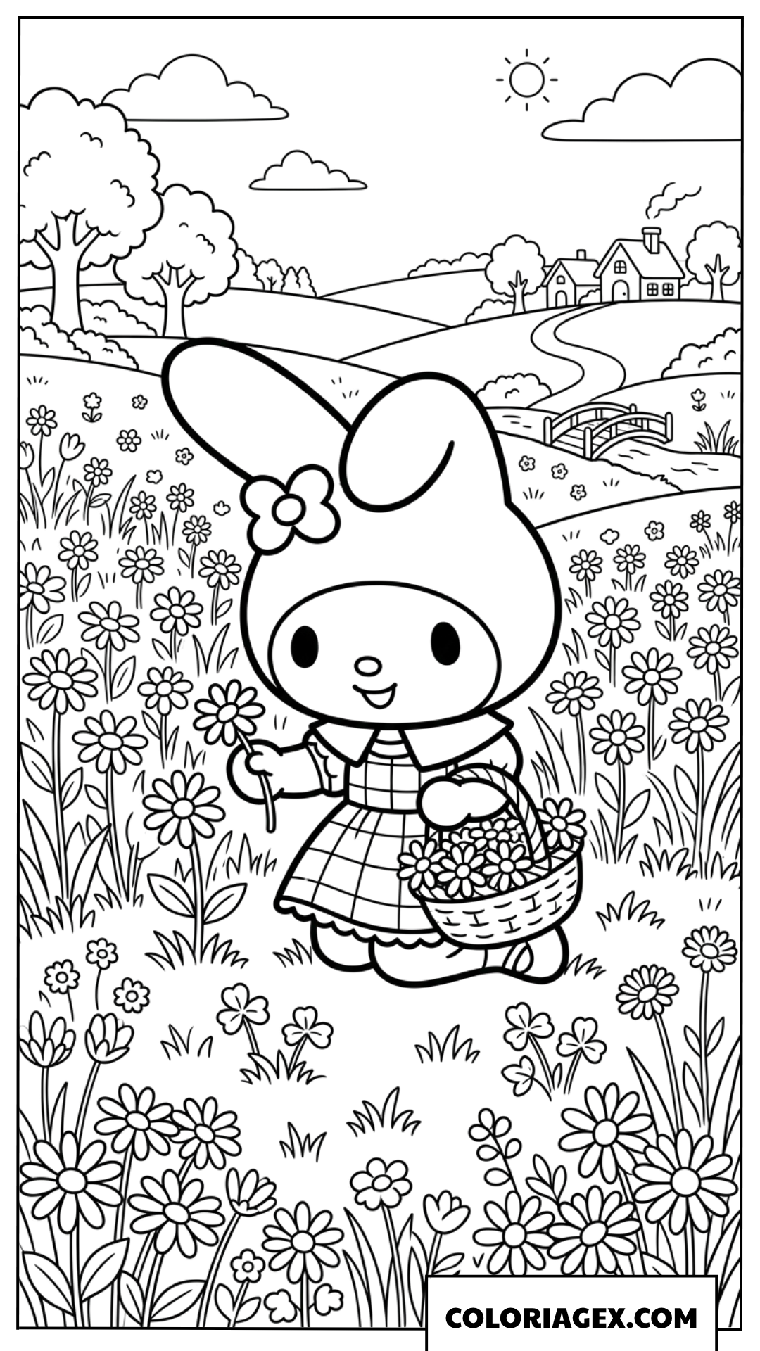 Coloriage de My Melody cueillant des fleurs des champs