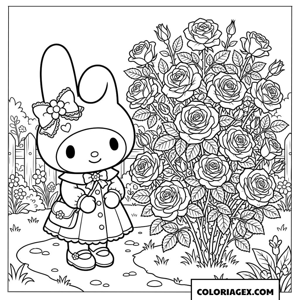 Coloriage de My Melody debout a cote d un buisson de roses