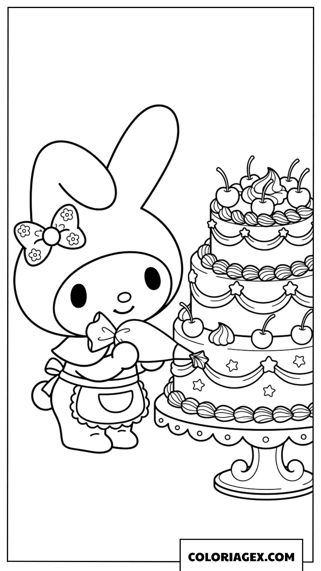 Coloriage de My Melody décorant un gâteau