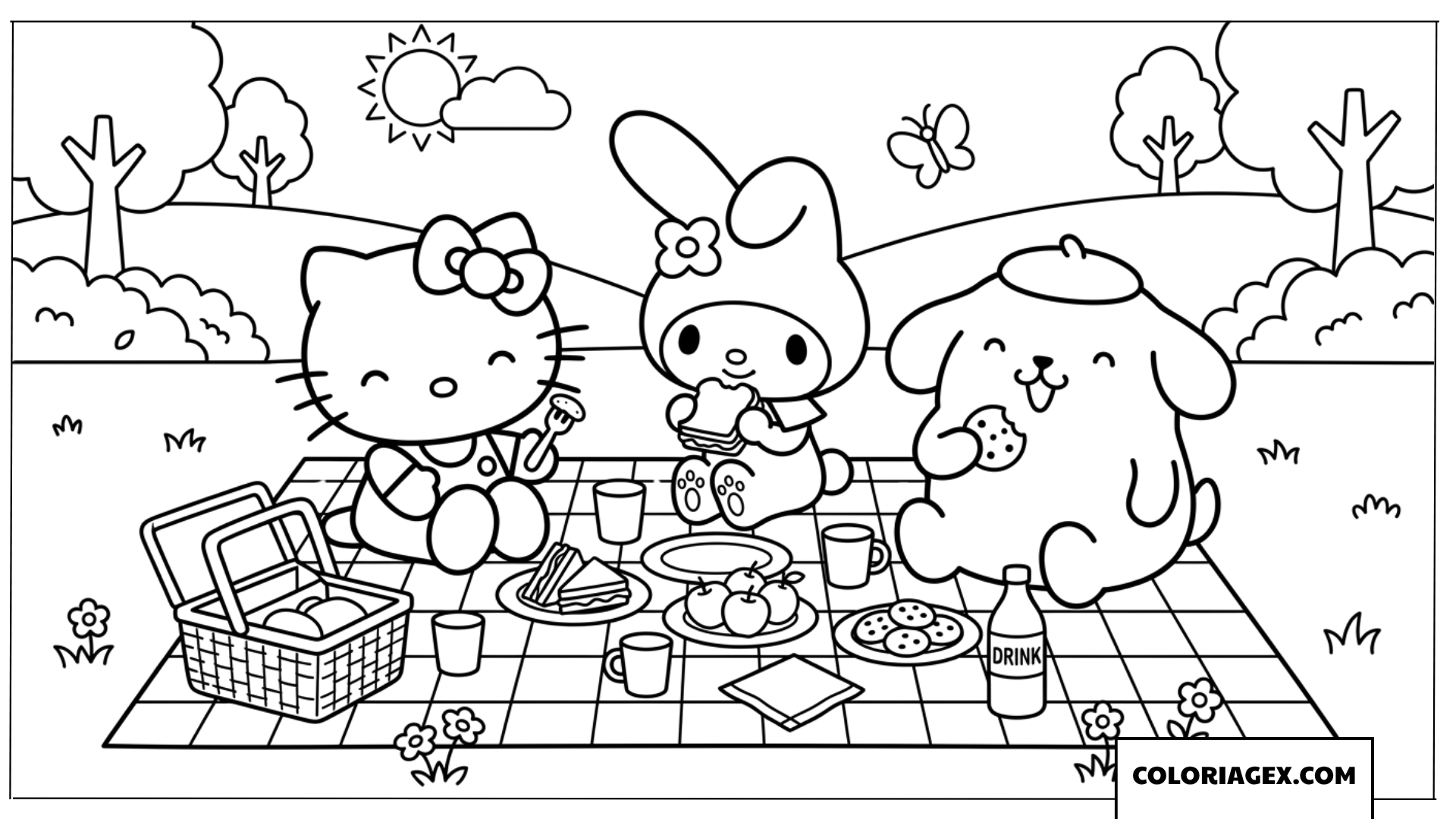 Coloriage de My Melody en pique-nique avec ses amis