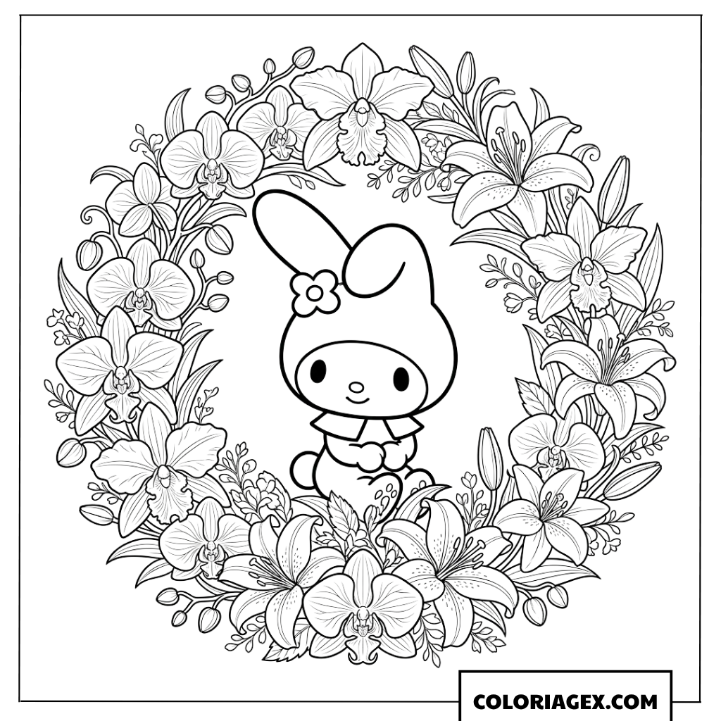Coloriage de My Melody entouree par une couronne d orchidees
