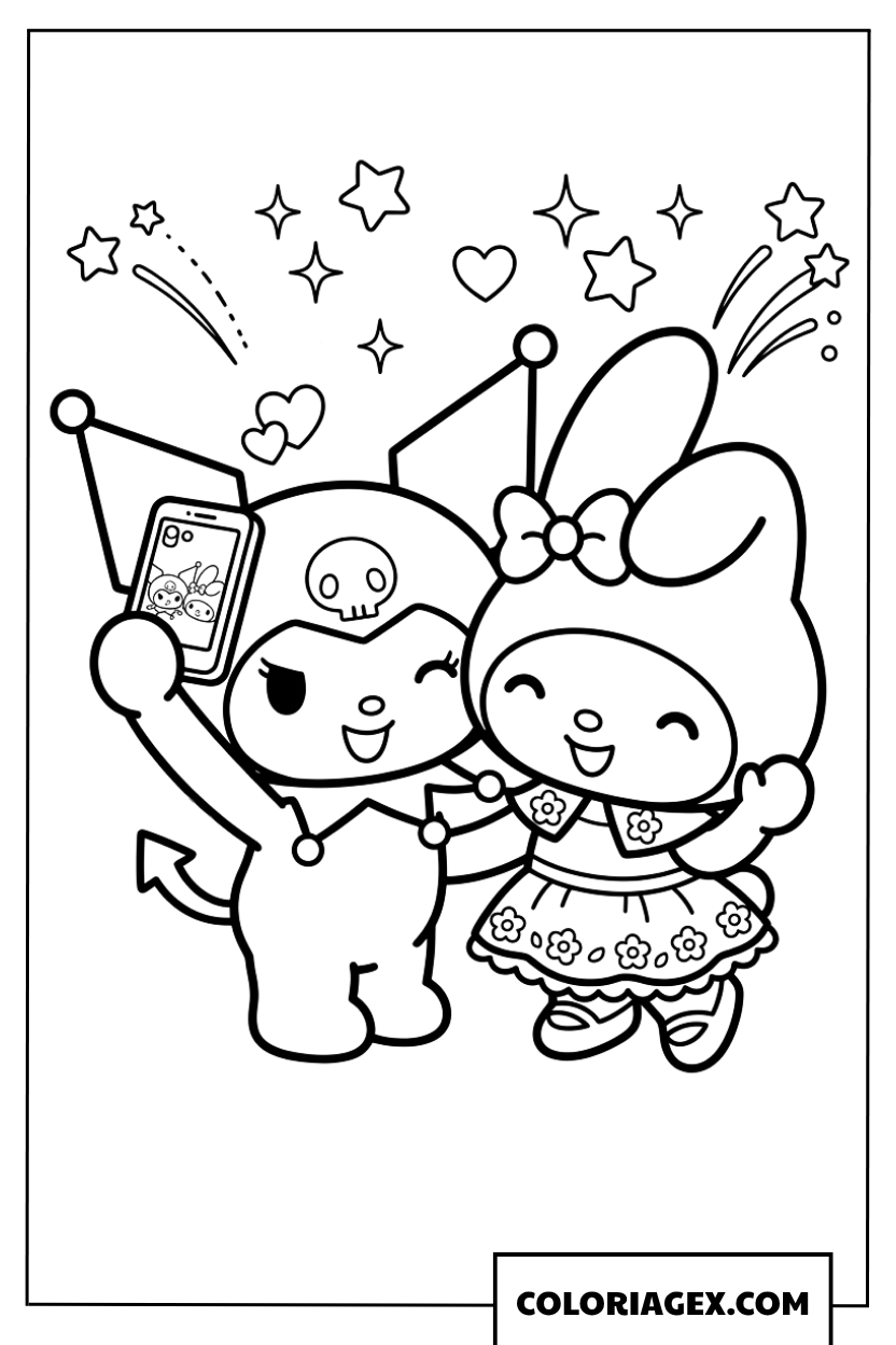 Coloriage de My Melody et Kuromi en selfie