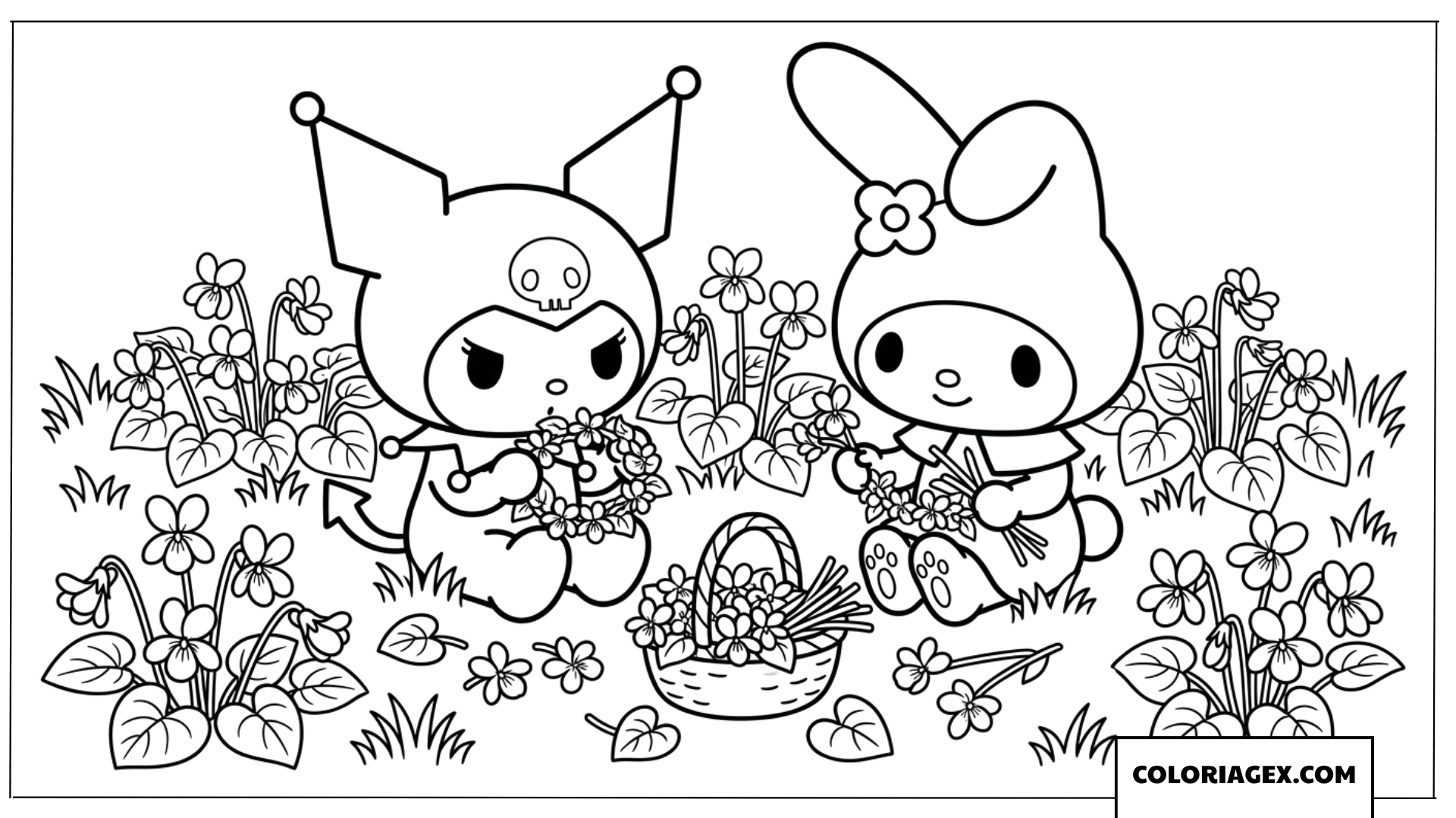 Coloriage de My Melody et Kuromi qui confectionnent des couronnes de fleurs