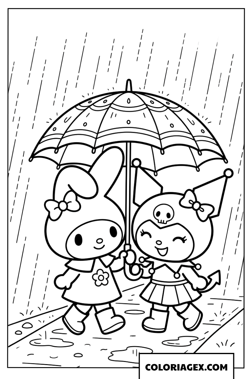 Coloriage de My Melody et Kuromi sous la pluie