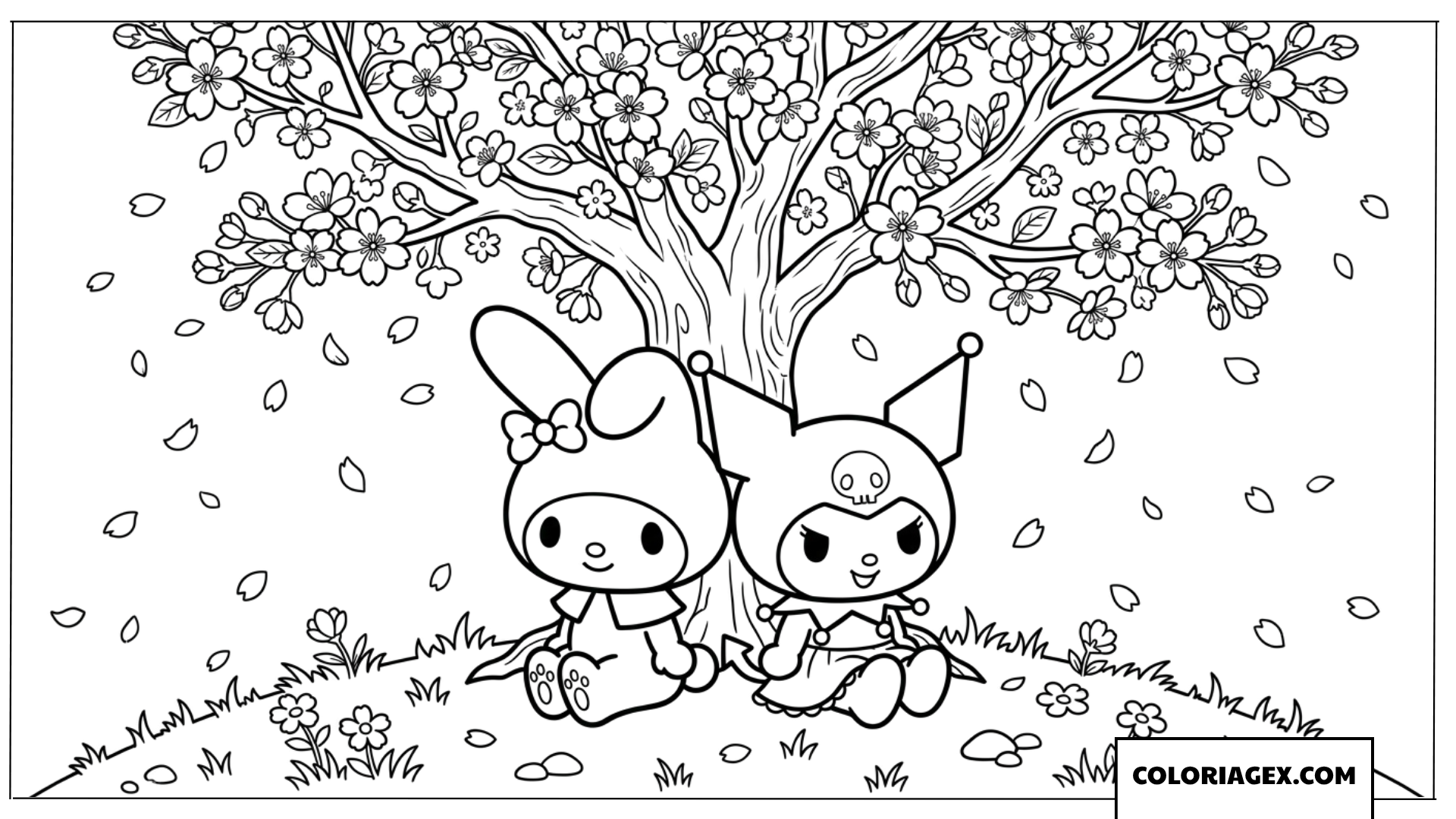 Coloriage de My Melody et Kuromi sous les cerisiers en fleurs