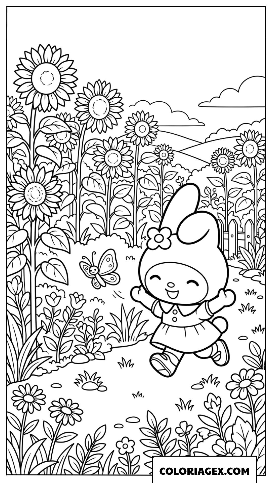 Coloriage de My Melody jouant avec un joli papillon
