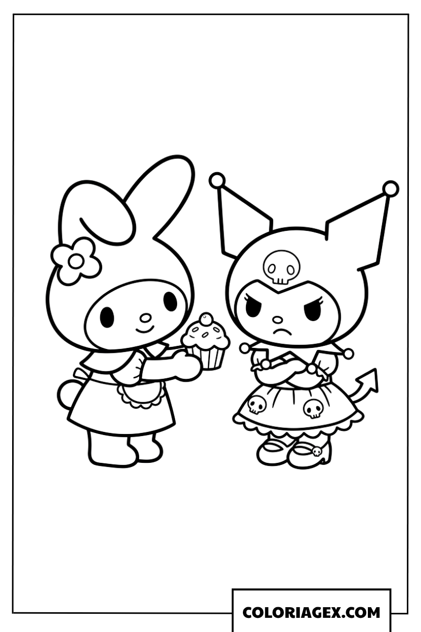 Coloriage de My Melody offrant un cupcake
