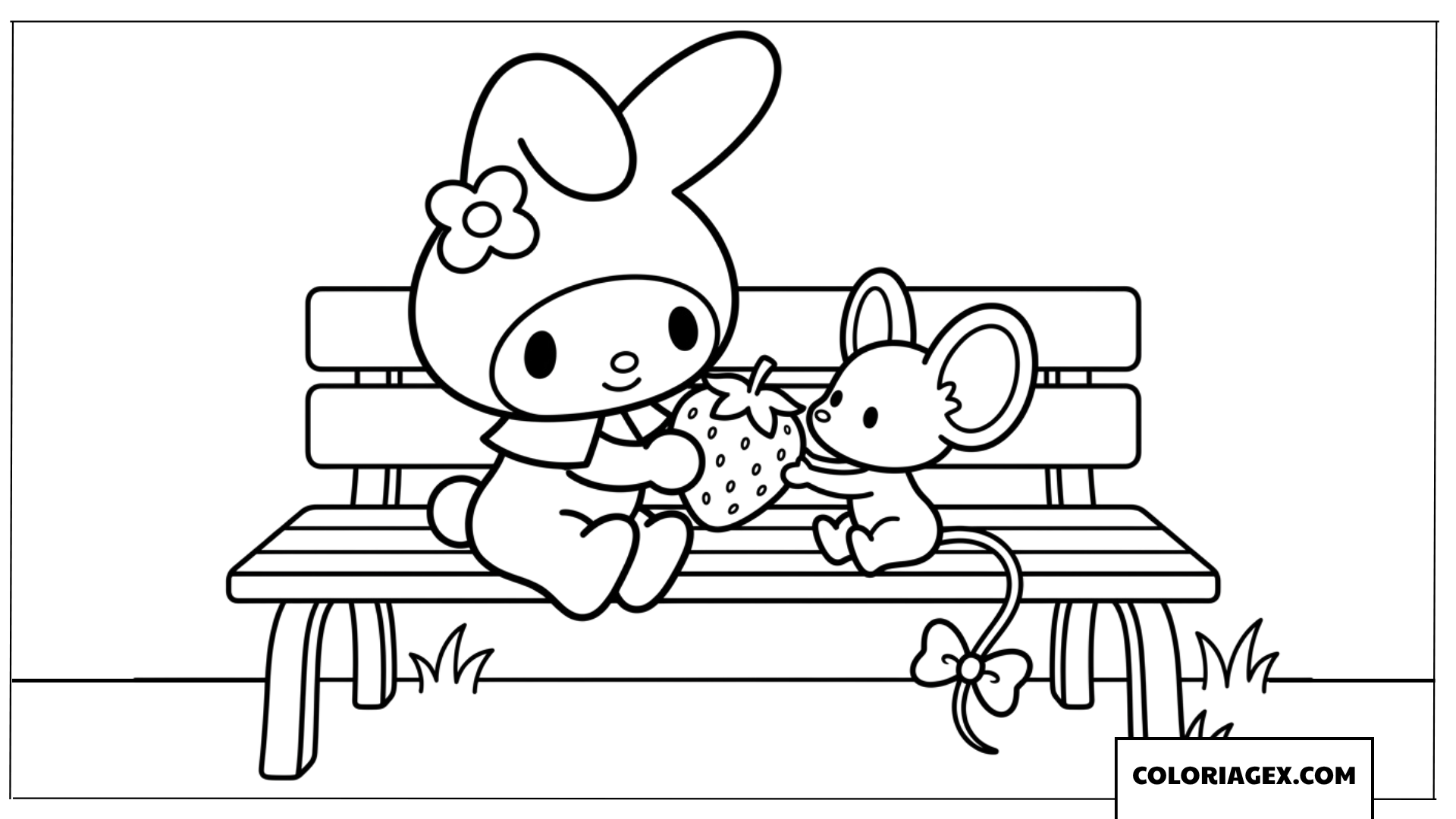 Coloriage de My Melody partageant une fraise avec Flat