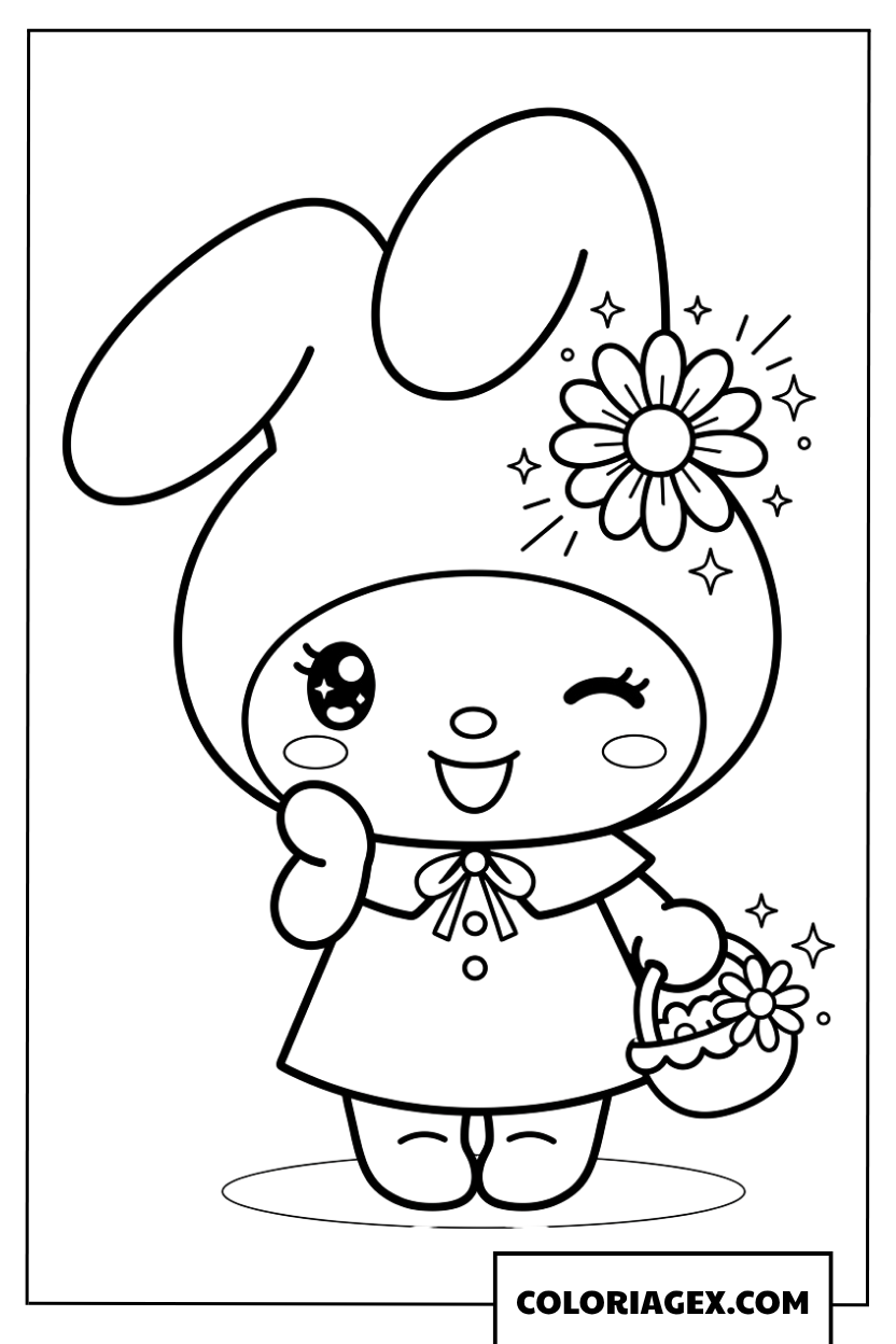 Coloriage de My Melody qui fait un clin d oeil avec une marguerite