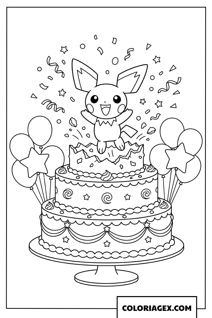 Coloriage de Pichu joyeux sur un gateau d'anniversaire