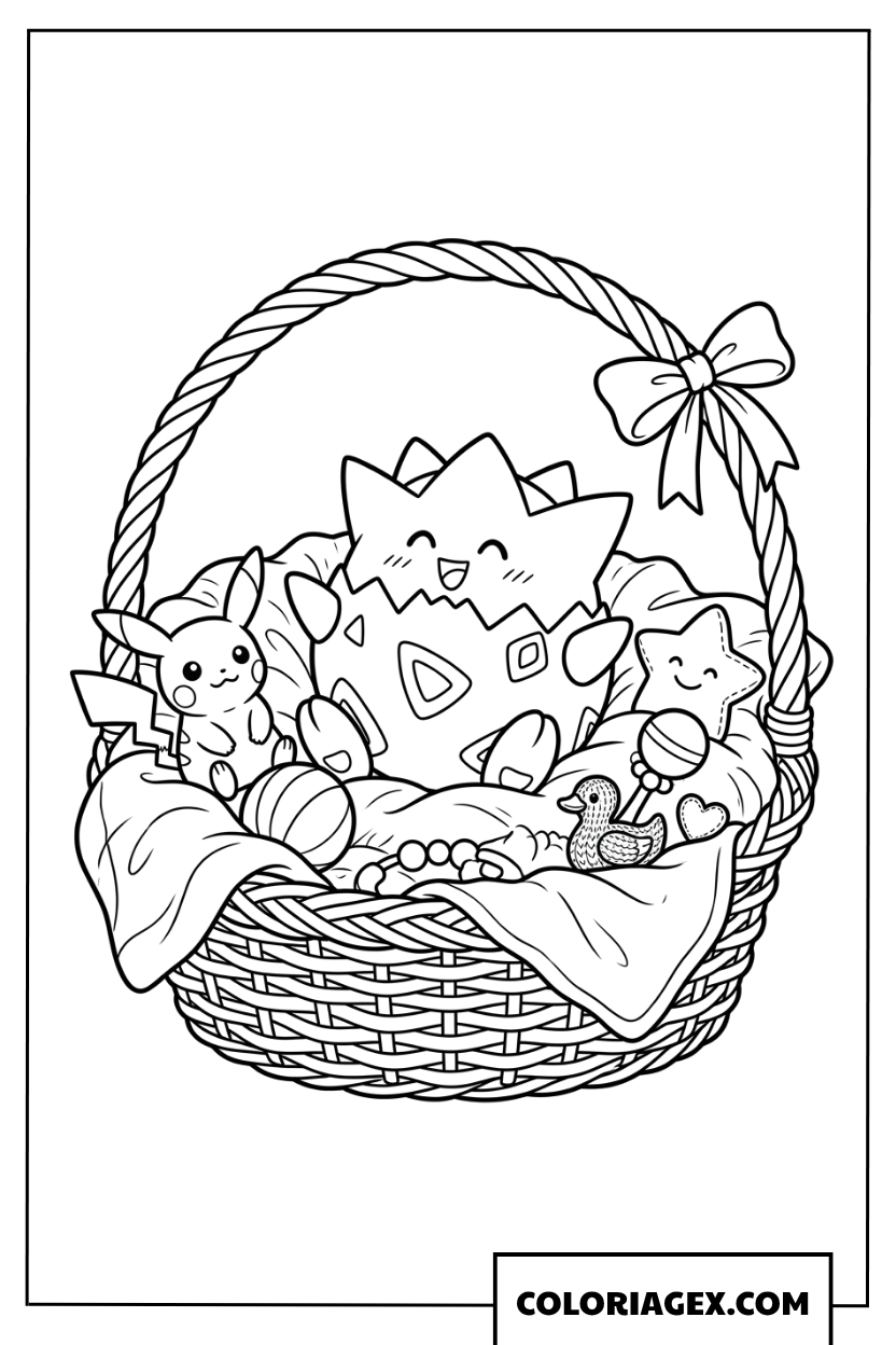 Coloriage de Pikachu et Togepi dans un panier cadeau