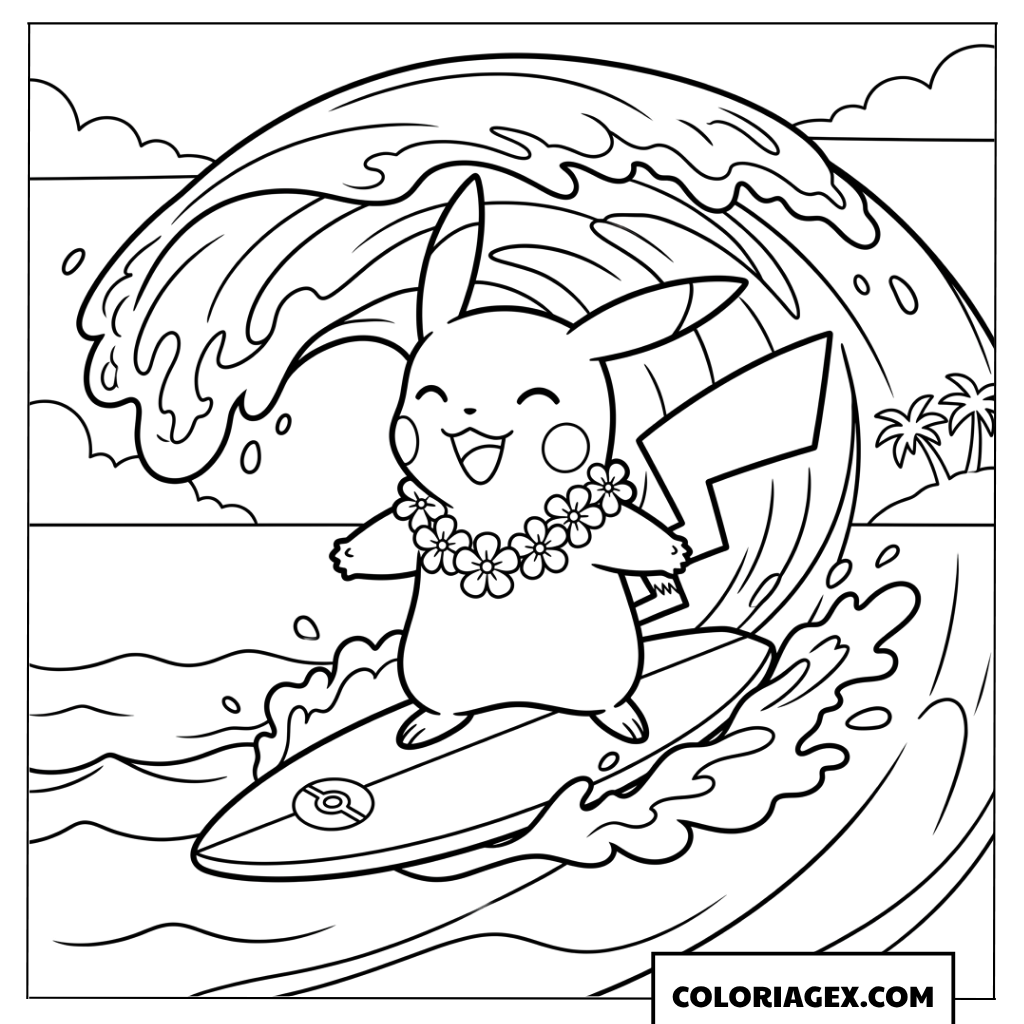 Coloriage de Pikachu surfant sur les vagues