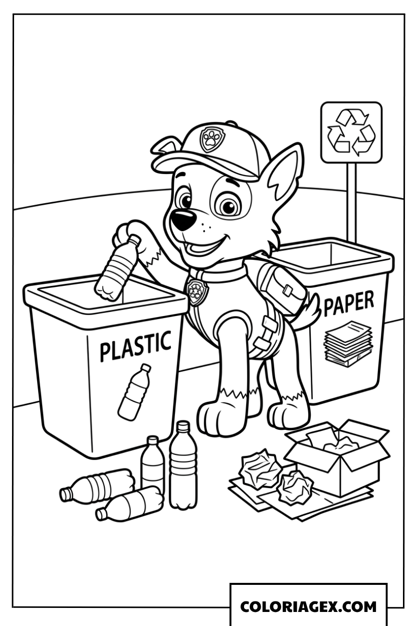 Coloriage de Rocky triant les déchets recyclables