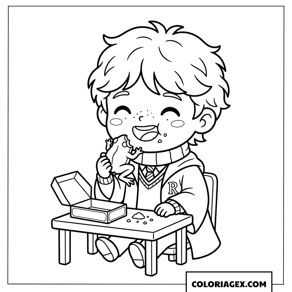 Coloriage de Ron Weasley avec sa grenouille chocolat