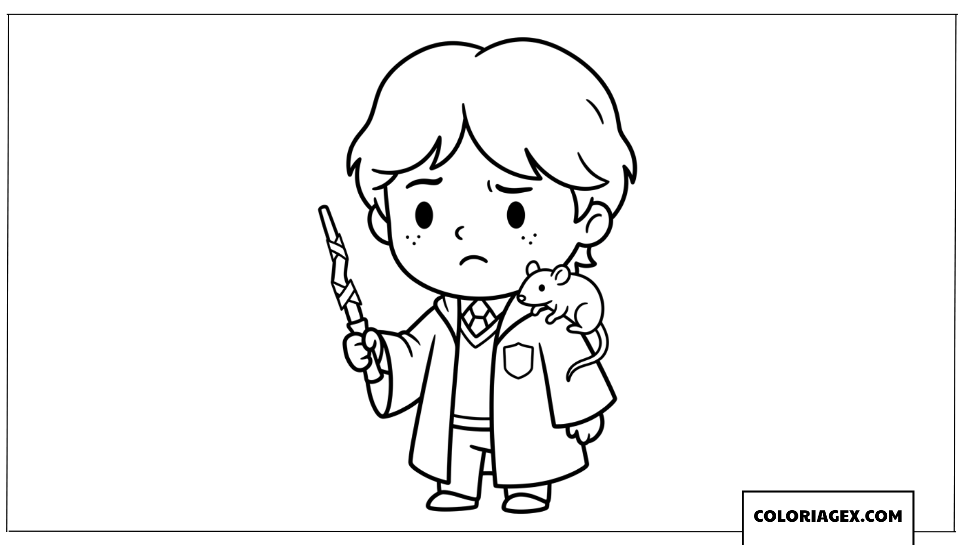 Coloriage de Ron Weasley avec son rat et sa baguette magique cassee
