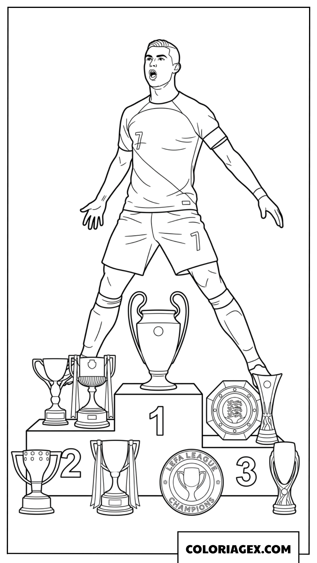 Coloriage de Ronaldo debout sur le podium des vainqueurs avec plusieurs trophées