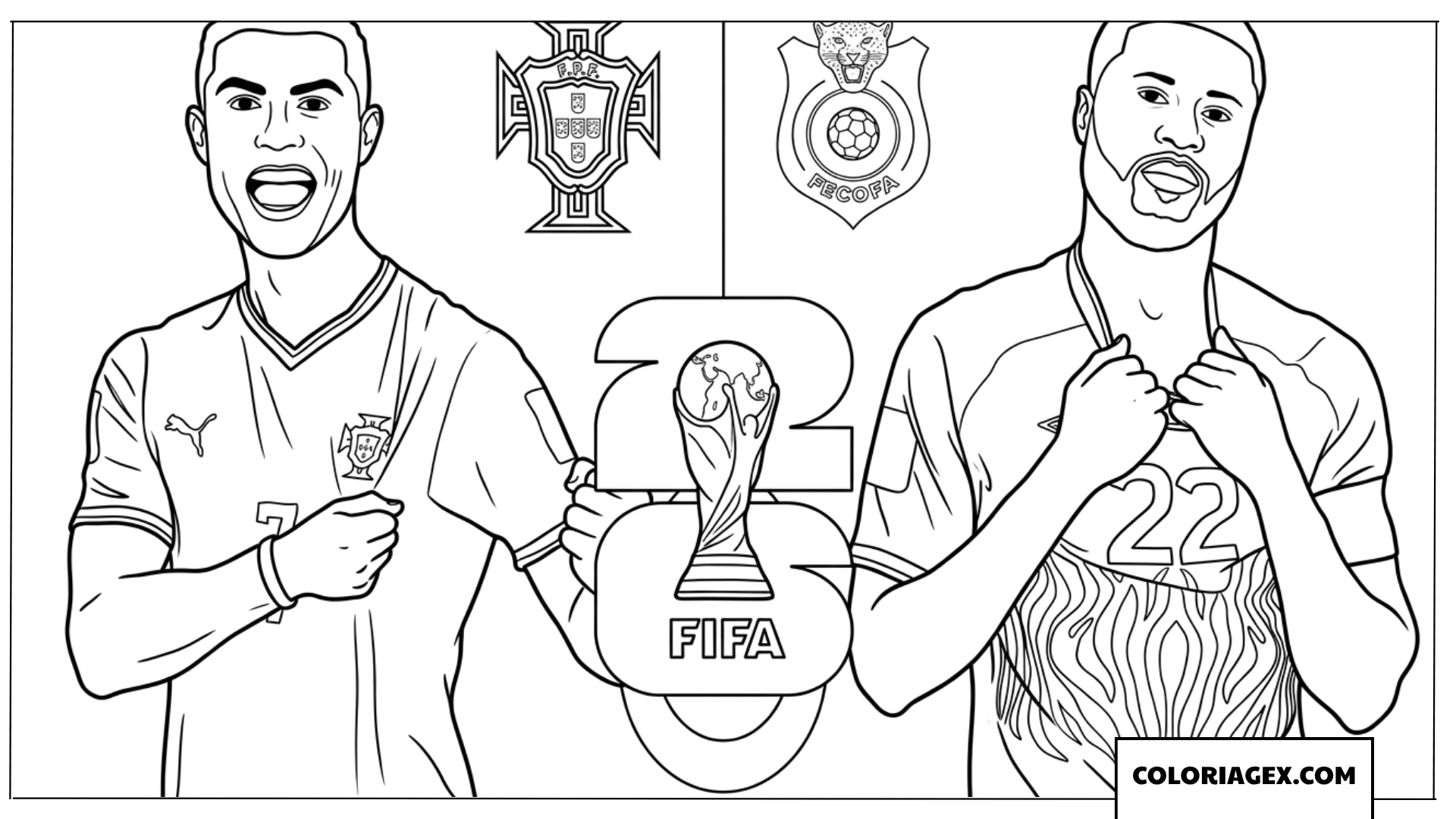 Coloriage de Ronaldo et la star du Congo avec le trophee FIFA
