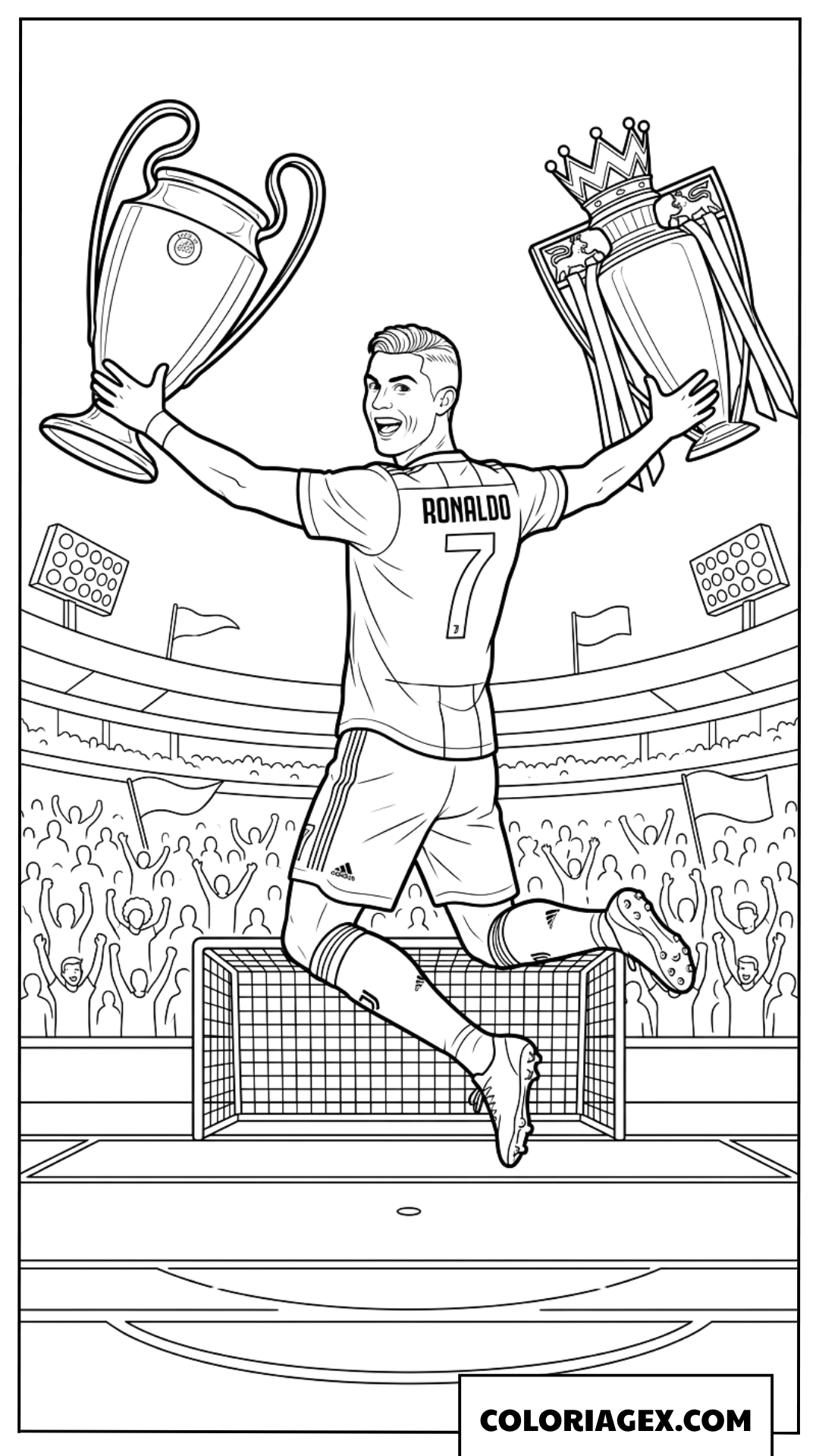 Coloriage de Ronaldo sautant de joie avec deux grands trophées à la main