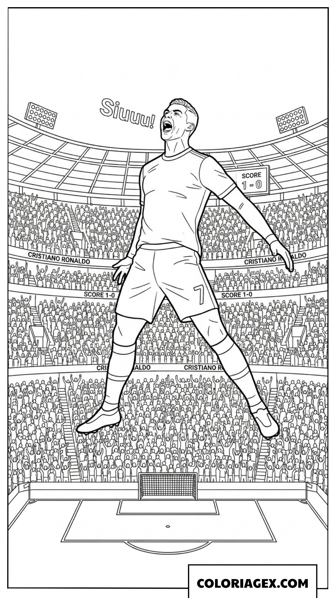 Coloriage de Ronaldo sautant en mode Siuuu au stade