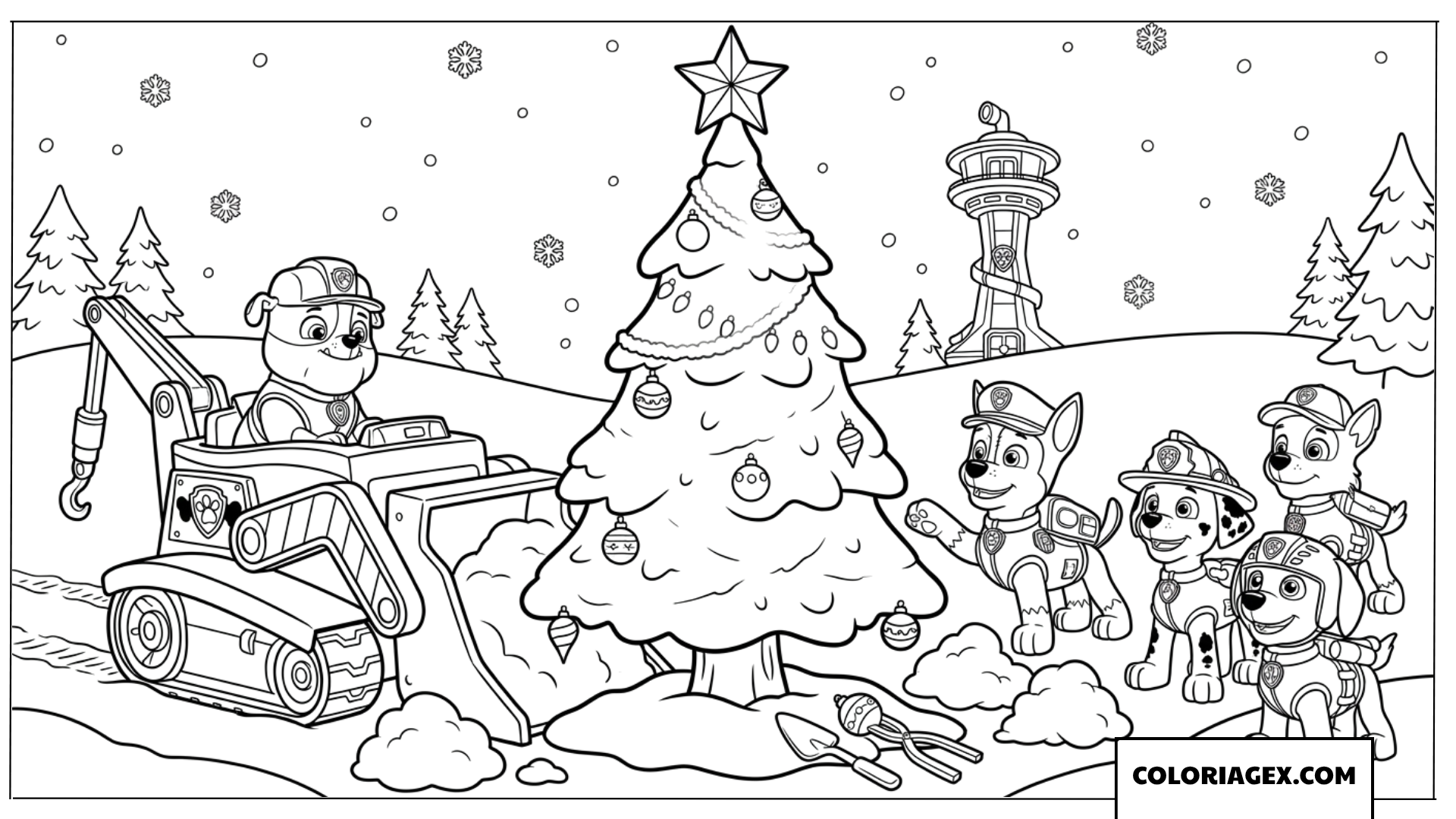 Coloriage de Rubble aidant à déneiger autour du sapin