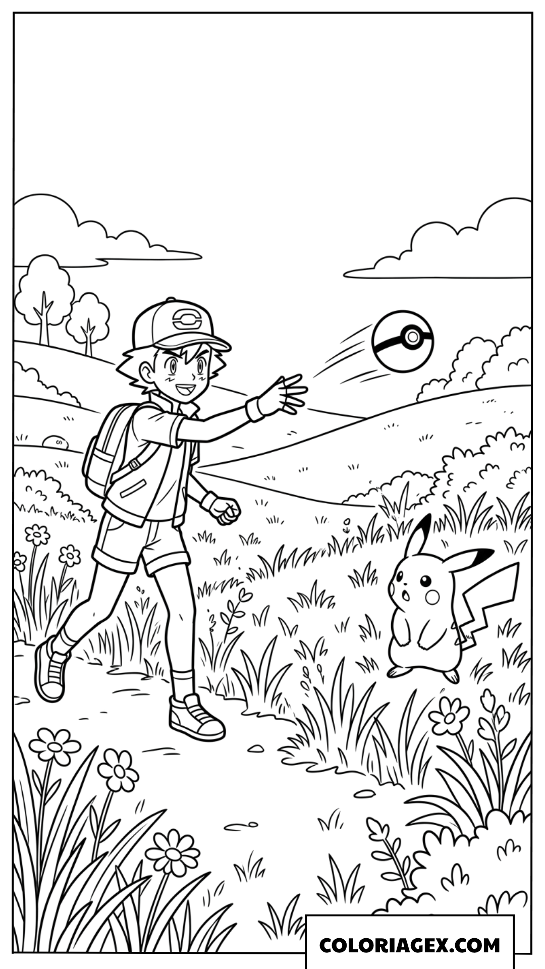 Coloriage de Sacha Ketchum lançant une balle Pokemon