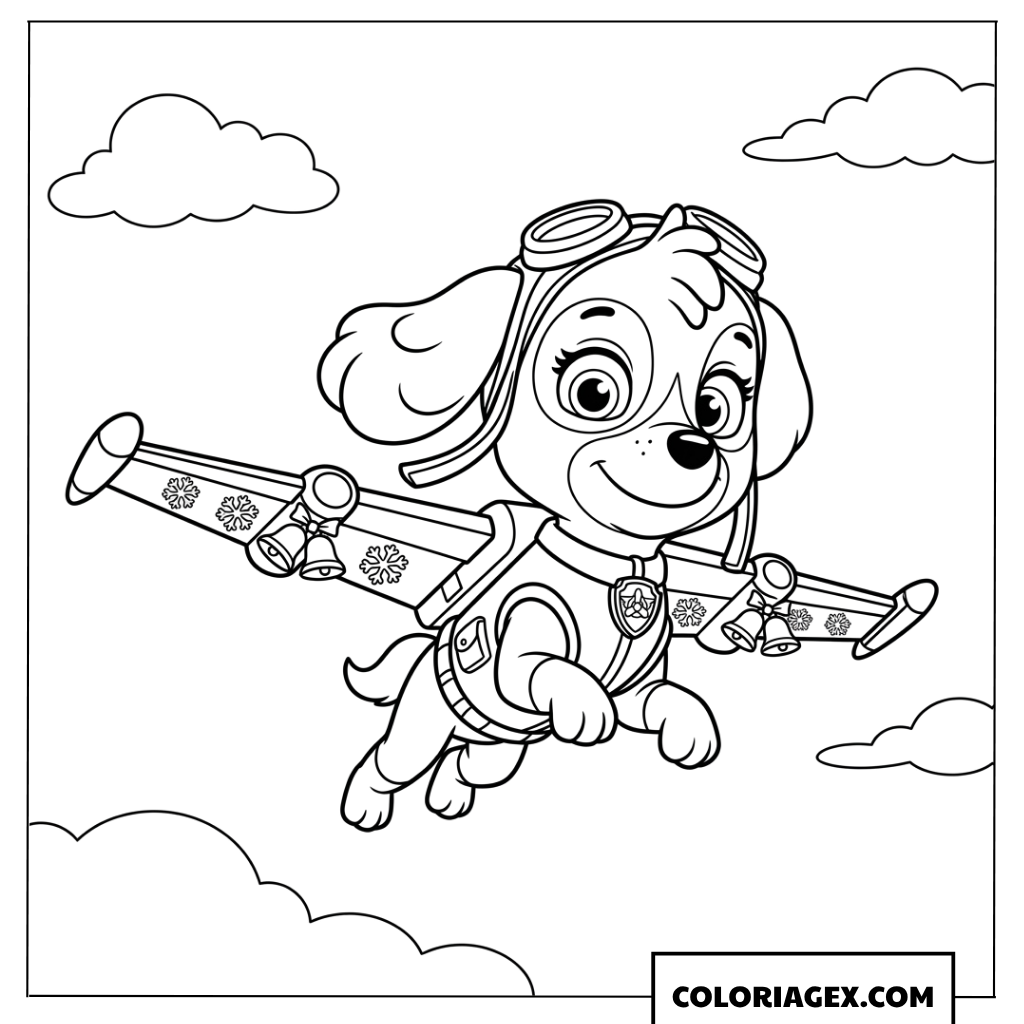 Coloriage de Skye Paw Patrol volant avec des ailes mécaniques de Noël