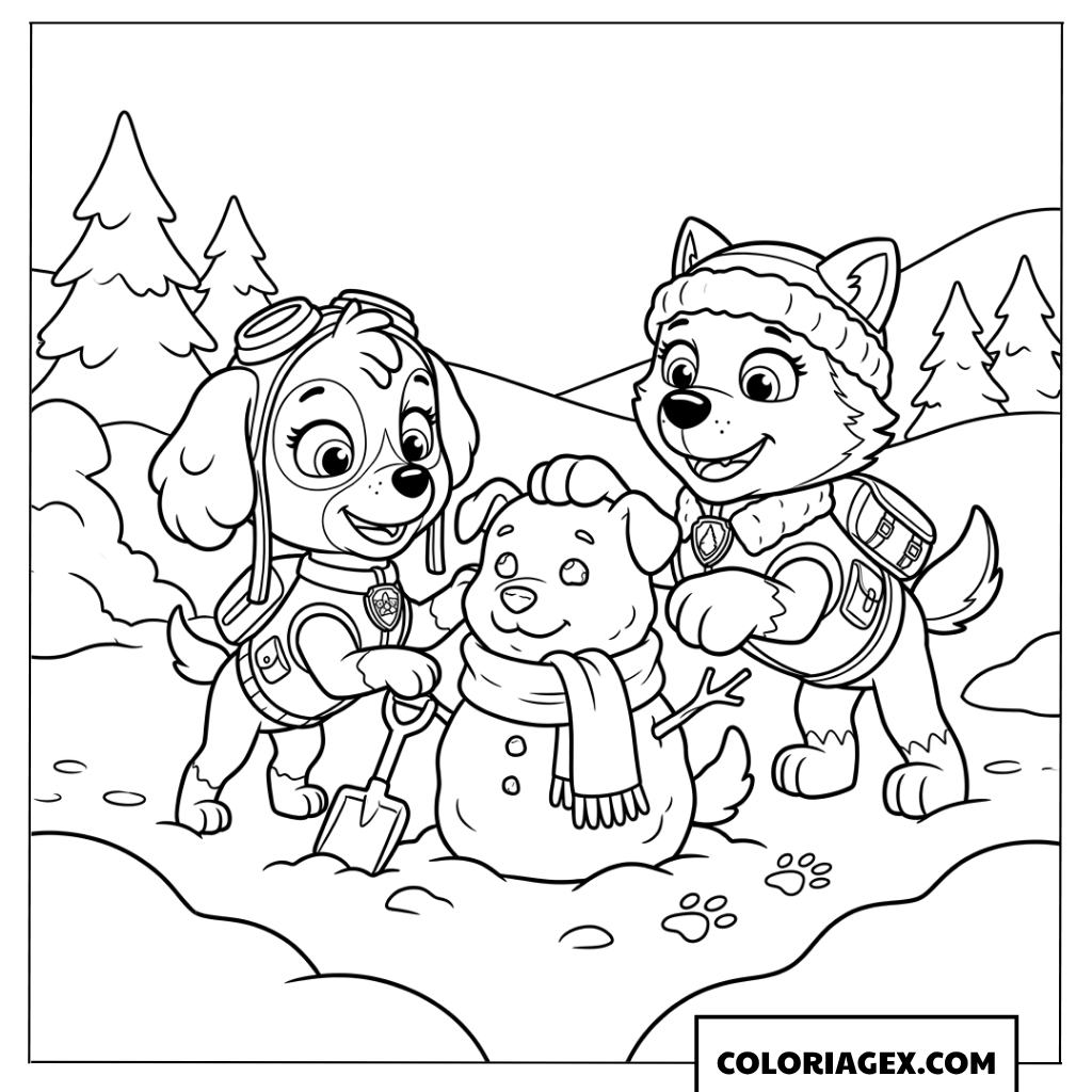 Coloriage de Skye et Everest construisant un bonhomme de neige de Noël