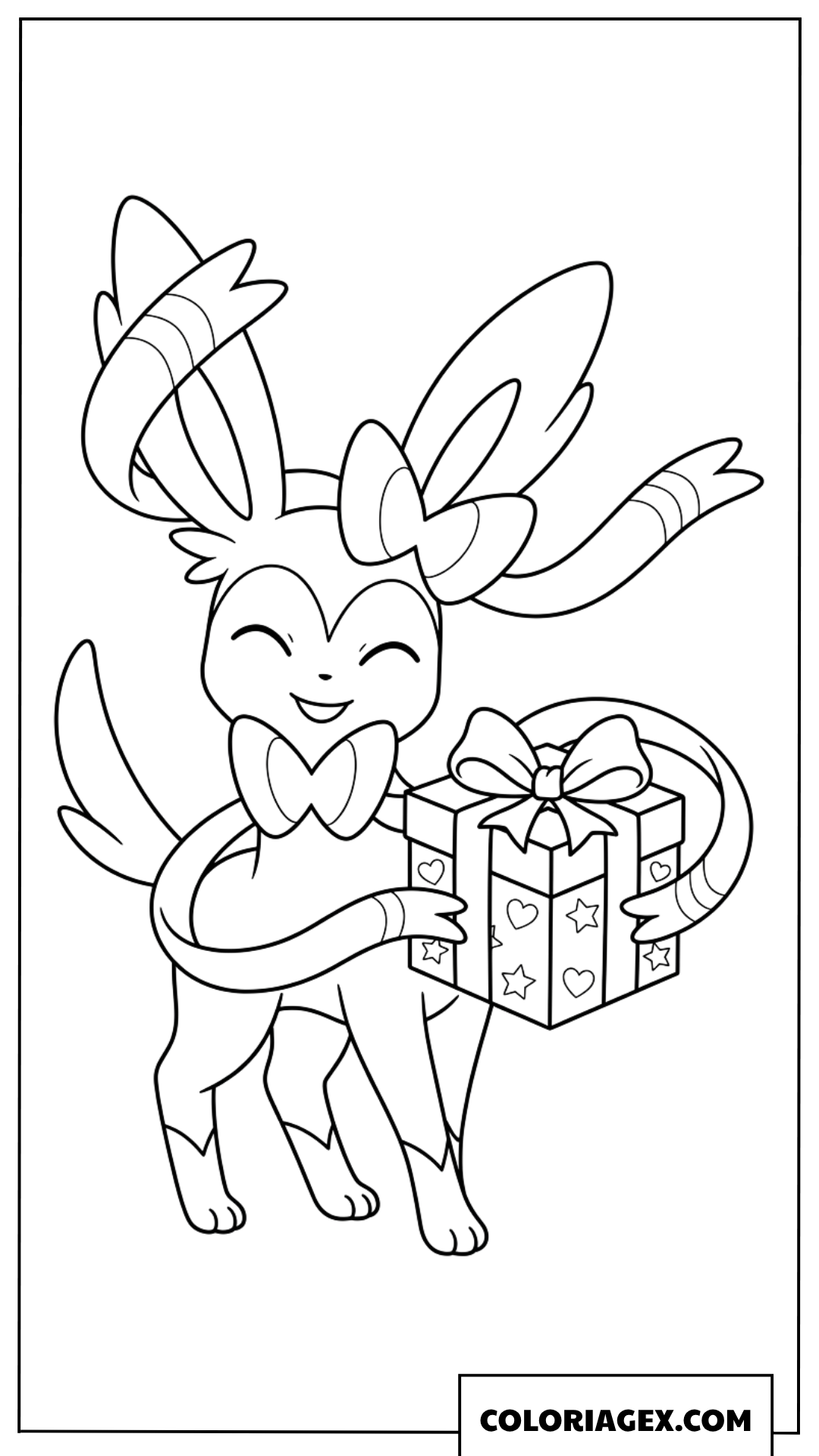 Coloriage de Sylveon adorable tenant un cadeau