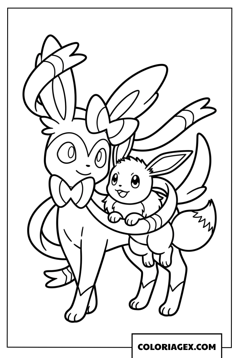 Coloriage de Sylveon qui enlace Eevee avec tendresse