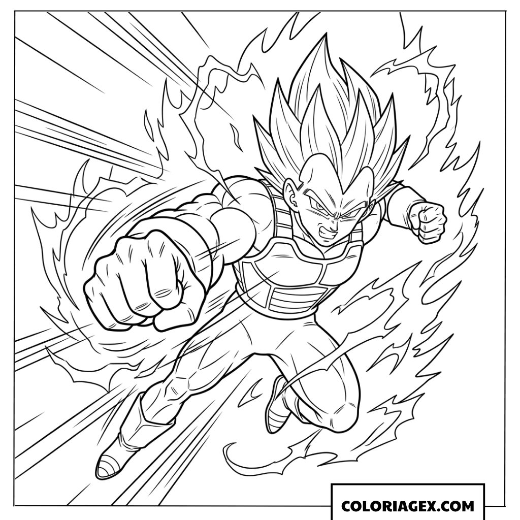 Coloriage de Vegeta lançant un coup de poing puissant